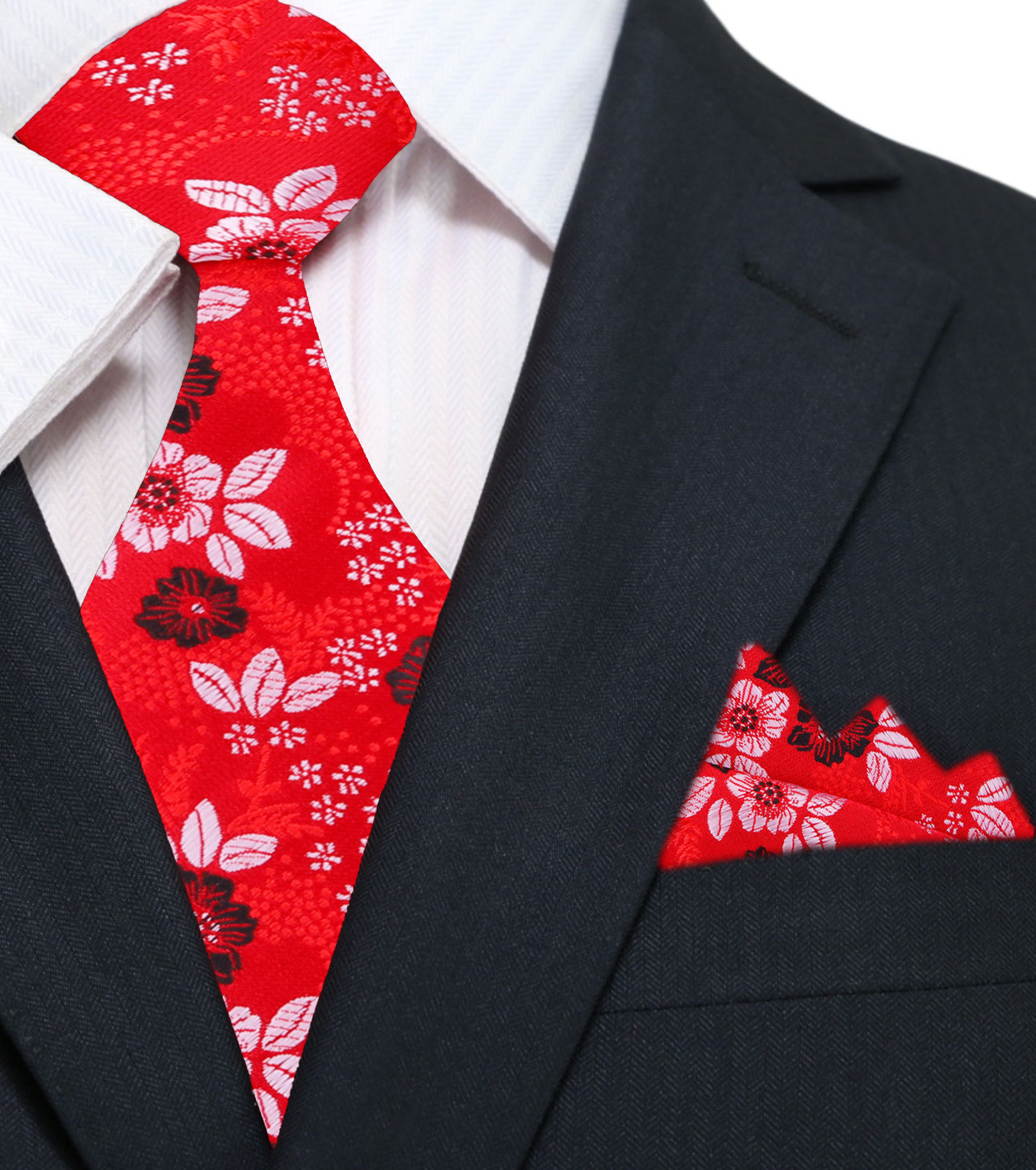 Man wearing floral necktie with a white shirt and navy suit for a wedding