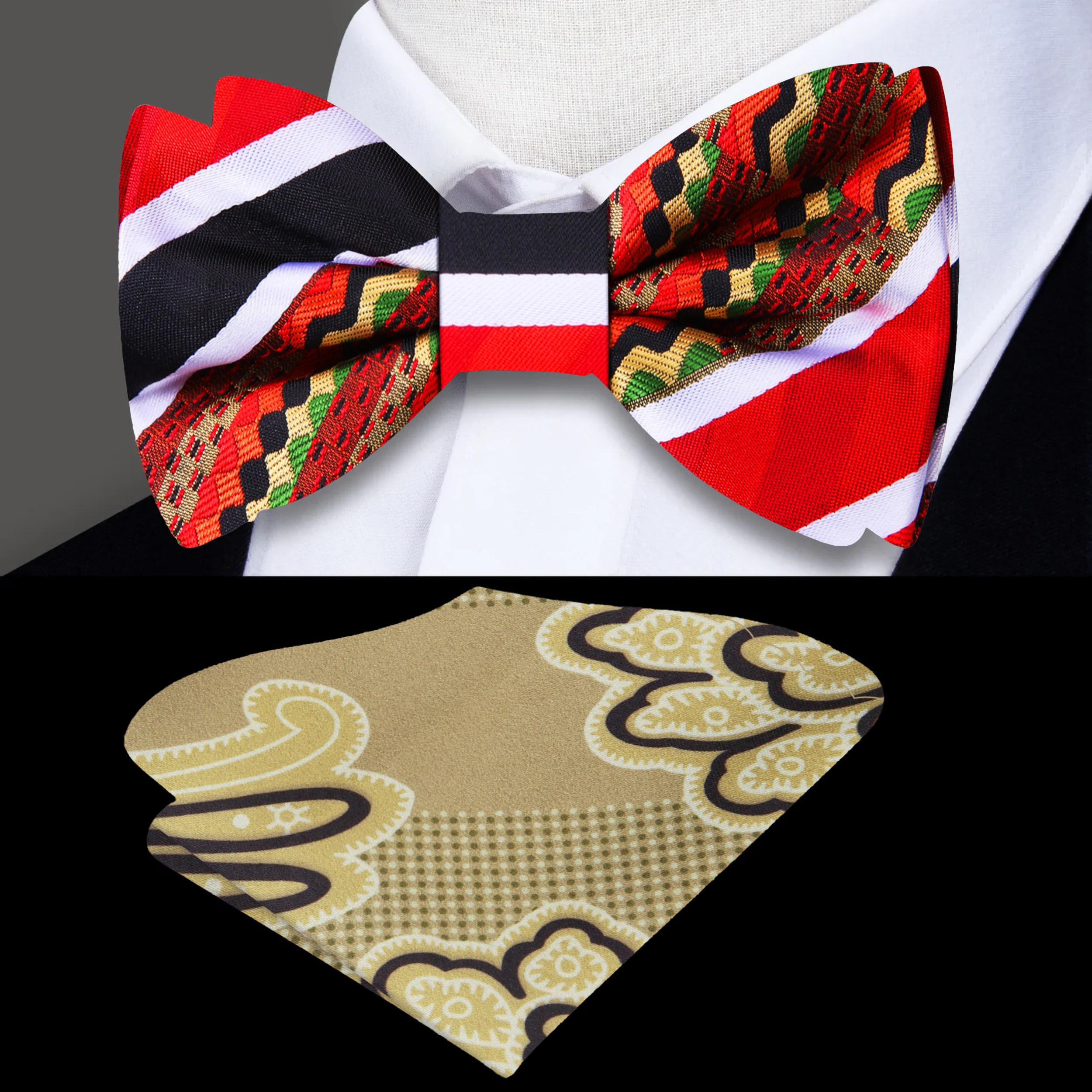 Close-up of abstract silk bow tie with vibrant colors for formal occasions
