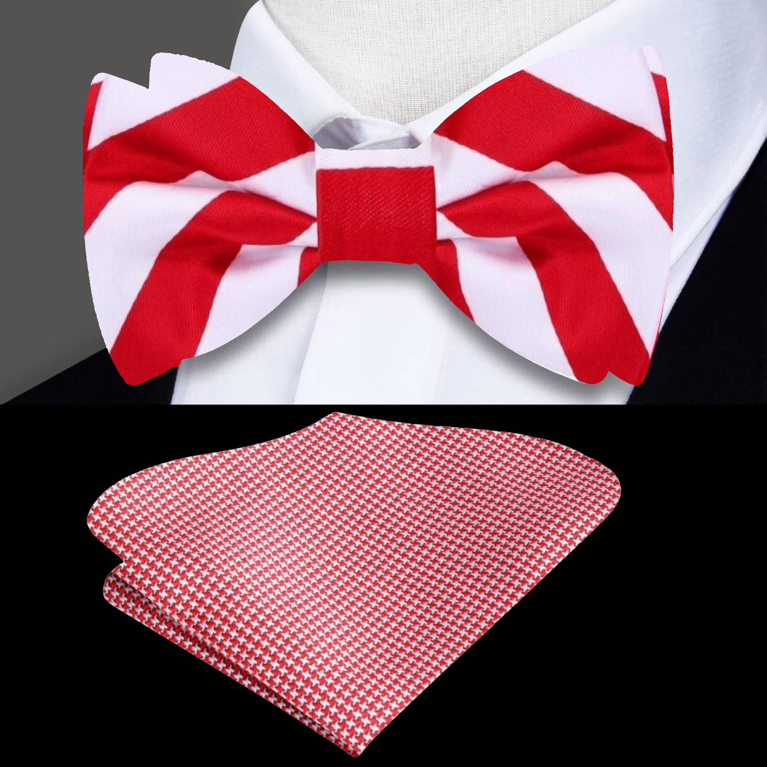 Red and white stripe silk bow tie styled with a navy blue suit
