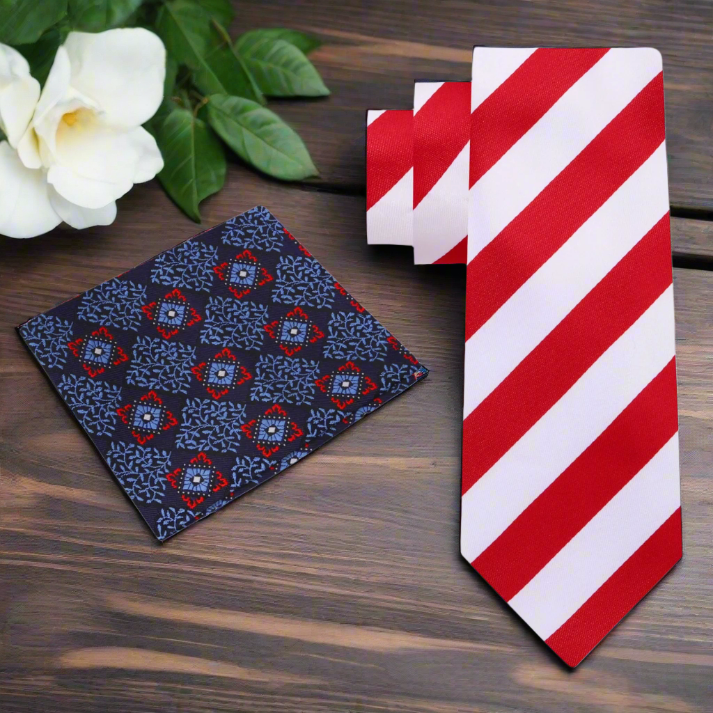 Close-up of the silk tie fabric highlighting the vibrant red and white stripes