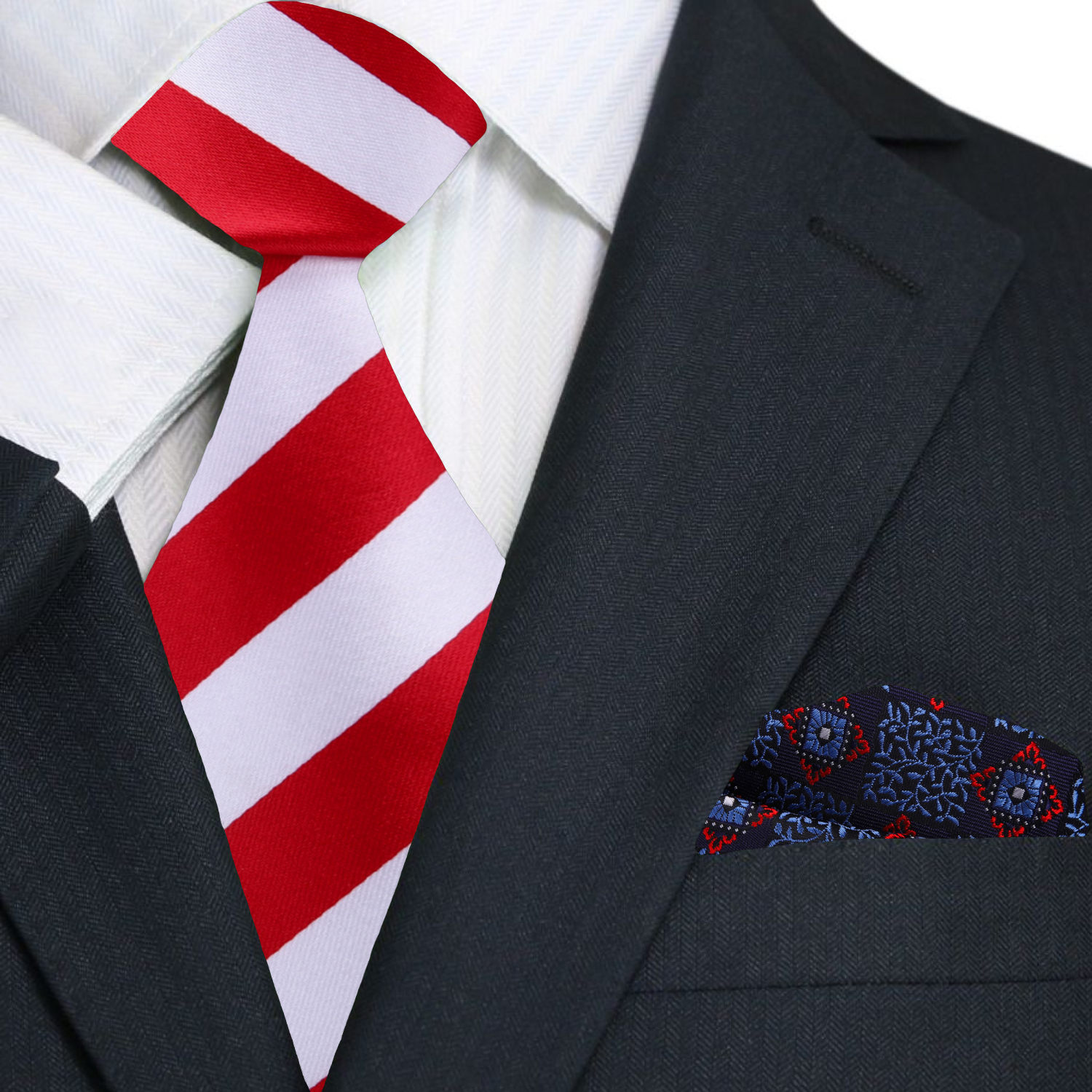 Model wearing striped silk tie with navy suit for business meeting
