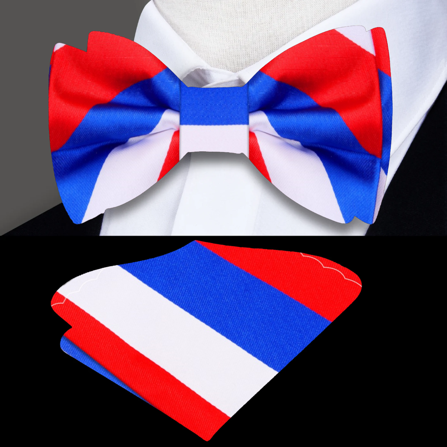 Patriotic bow tie paired with a white dress shirt and navy suit, perfect for weddings and formal occasions.