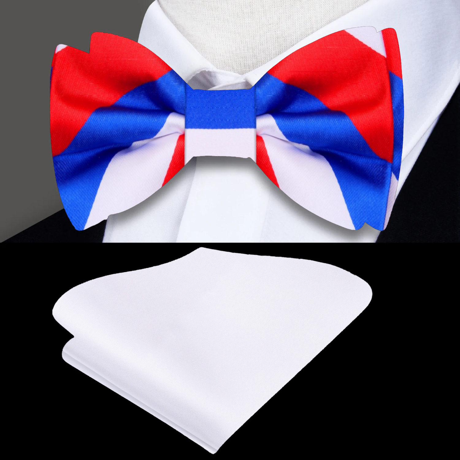 Close-up of a red, white, and blue striped bow tie, showcasing its silk texture and vibrant colors.