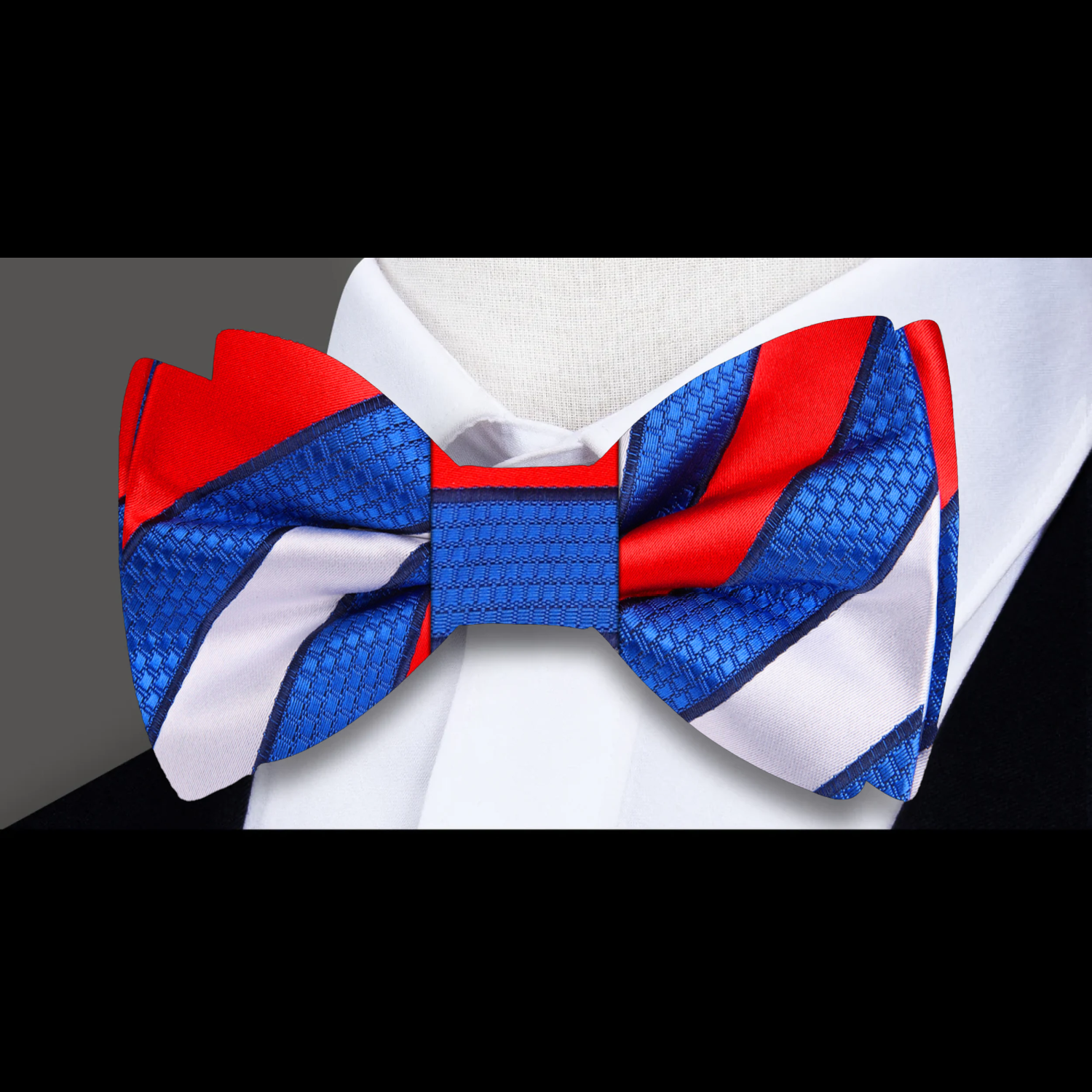 Flat lay of the Patriotic Stripe Bow Tie and matching pocket square, perfect for 4th of July celebrations.