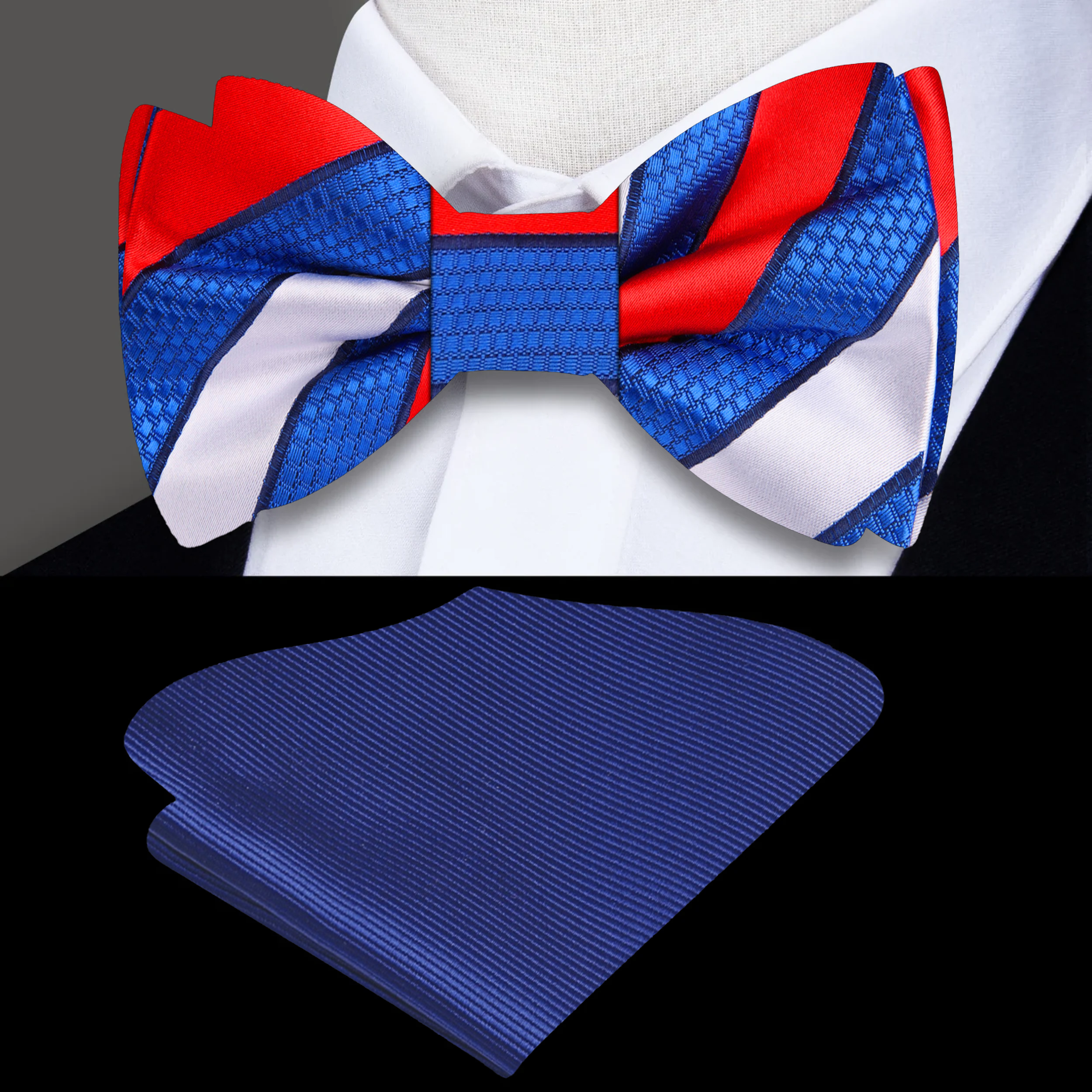 Model wearing the Patriotic Stripe Silk Bow Tie at a formal event, showcasing its elegant design.