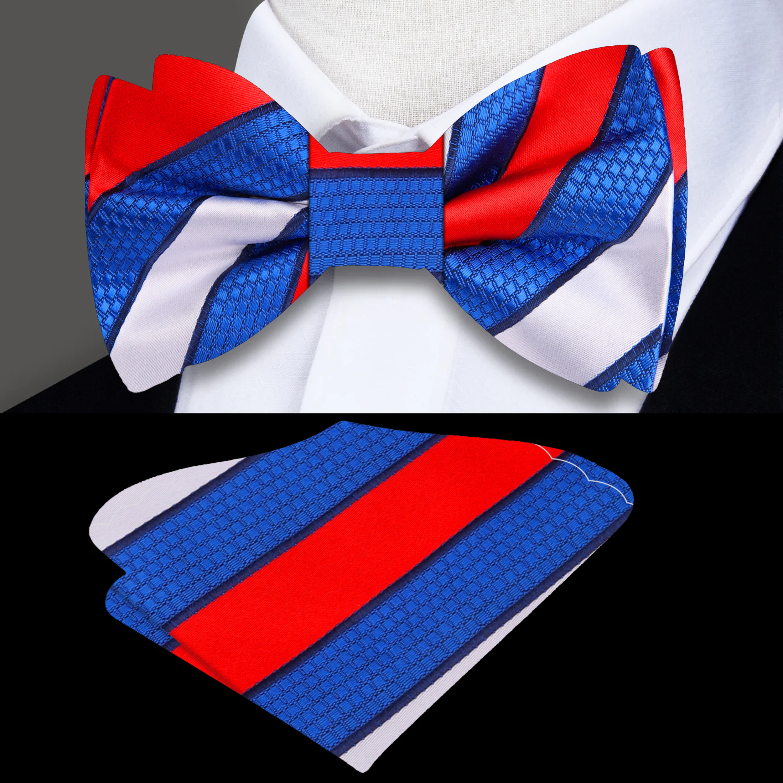 Close-up of the Patriotic Stripe Silk Bow Tie highlighting the vibrant red, white, and blue colors.