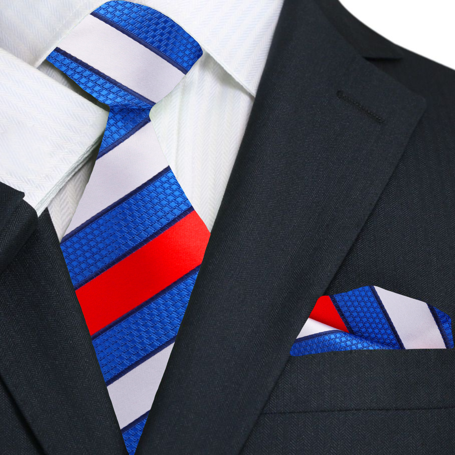Matching pocket square and silk tie set styled with a suit
