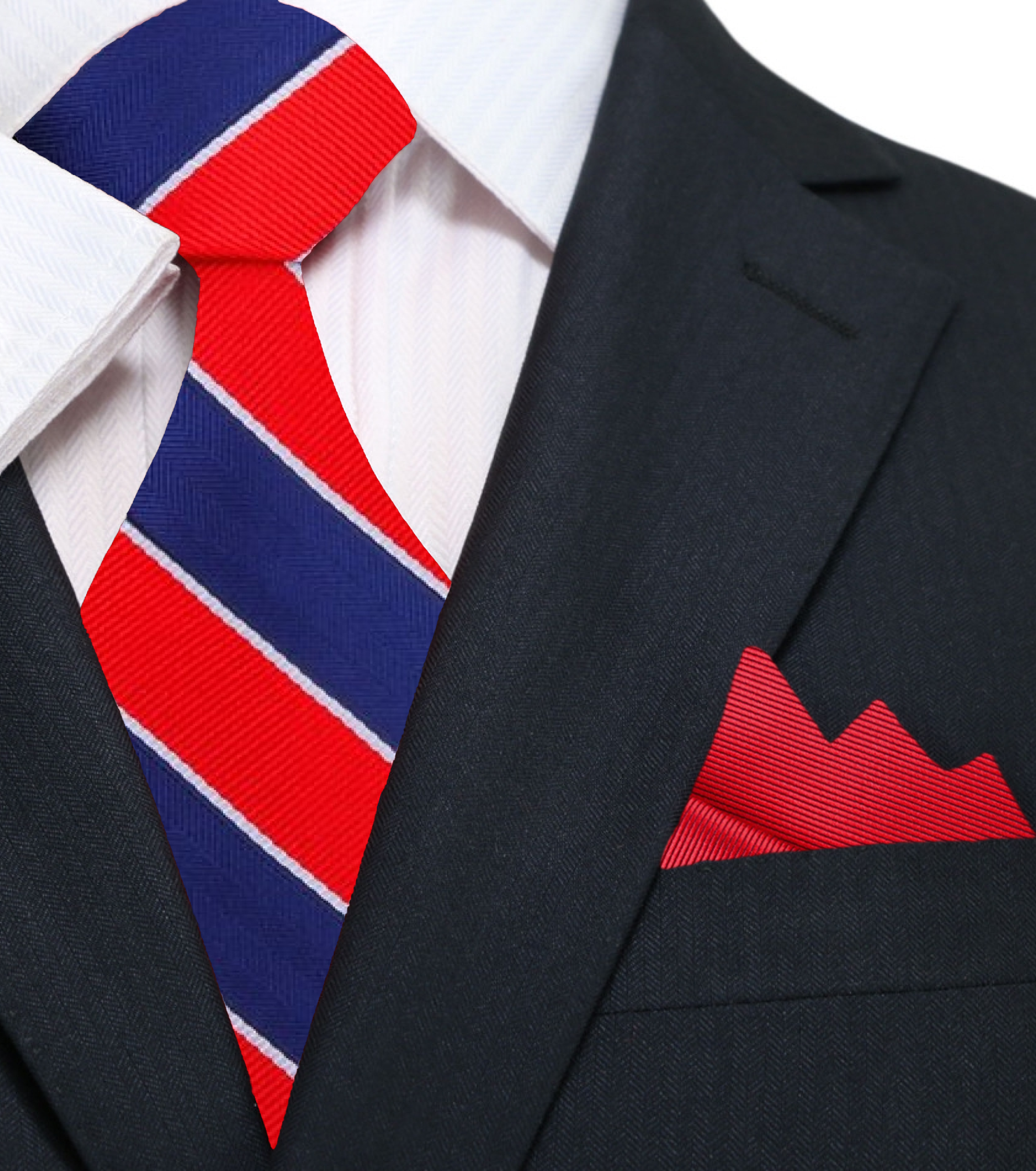 Patriotic silk necktie with block stripe pattern draped over a suit