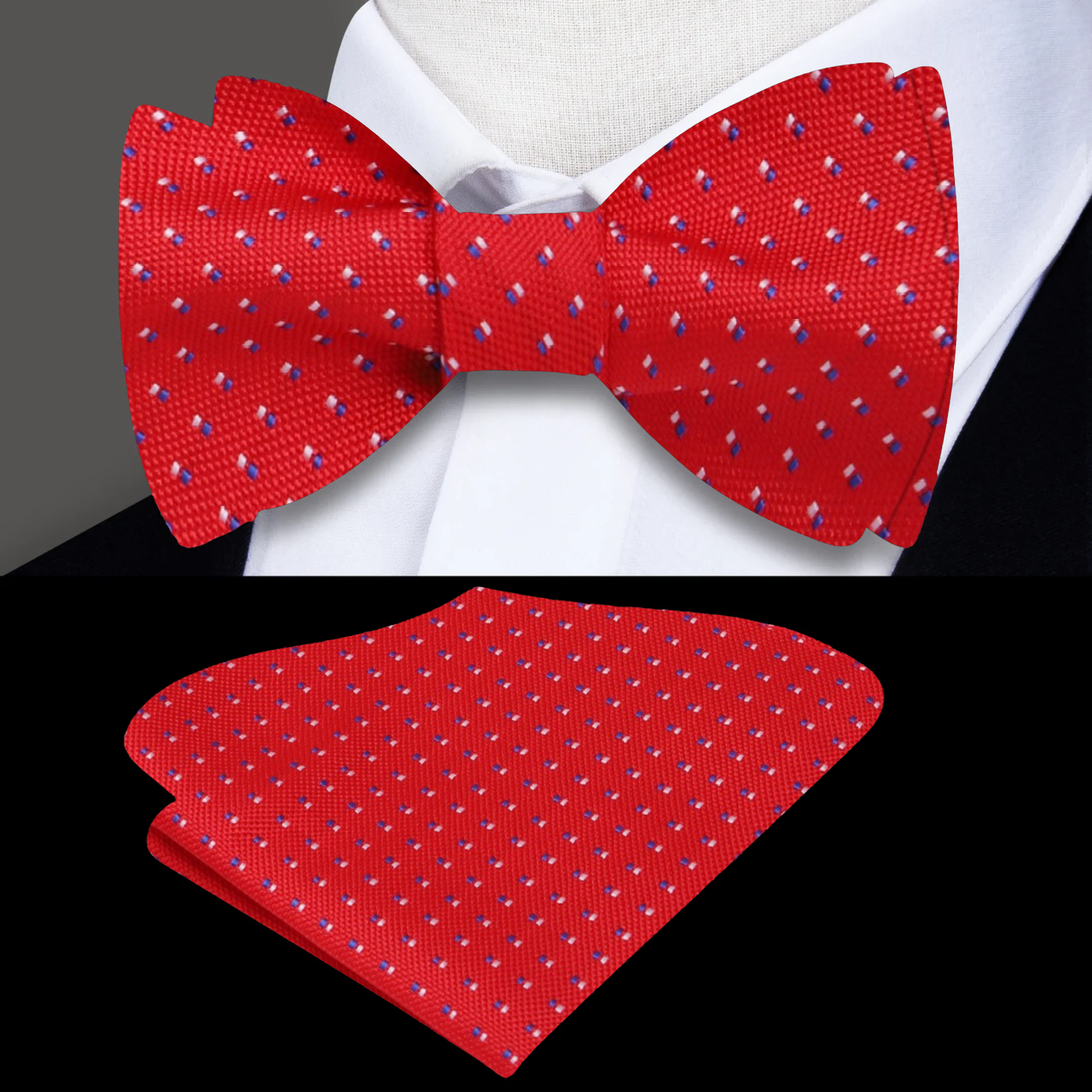 Vibrant red bow tie with small white and blue dots, ideal for formal occasions and weddings.