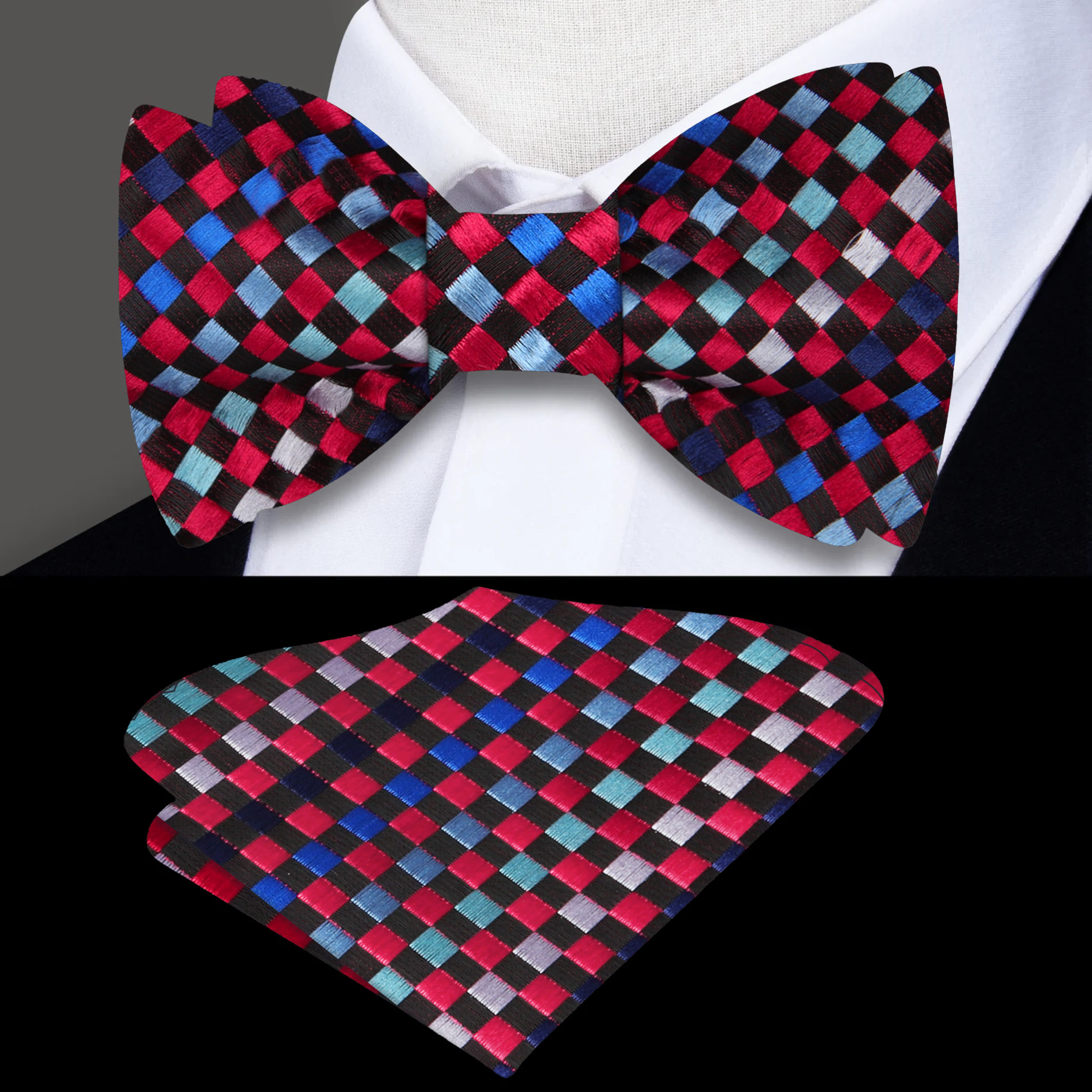 Close-up of the geometric check pattern on the silk bow tie