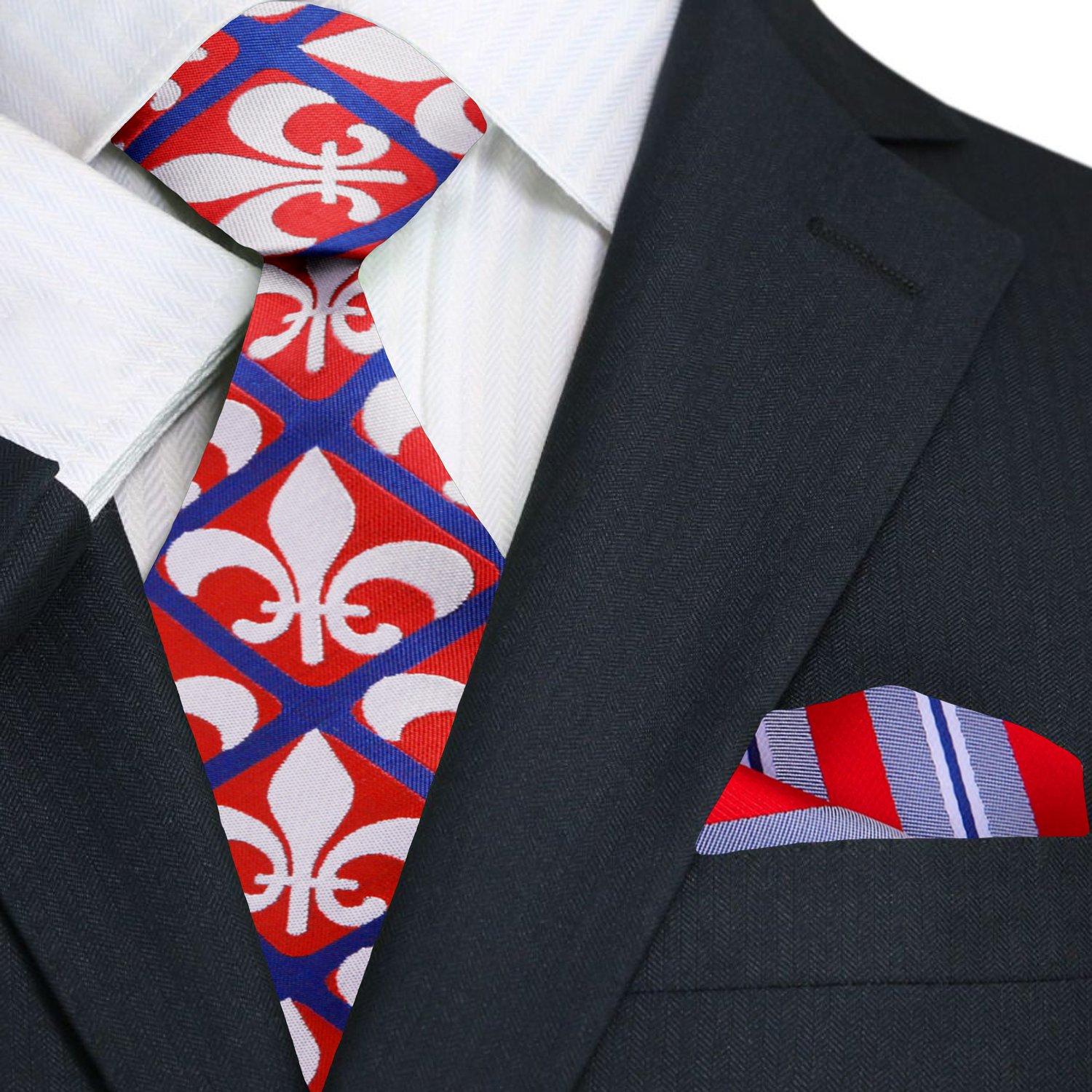 Stylish man wearing a fleur-de-lis necktie at a formal event.