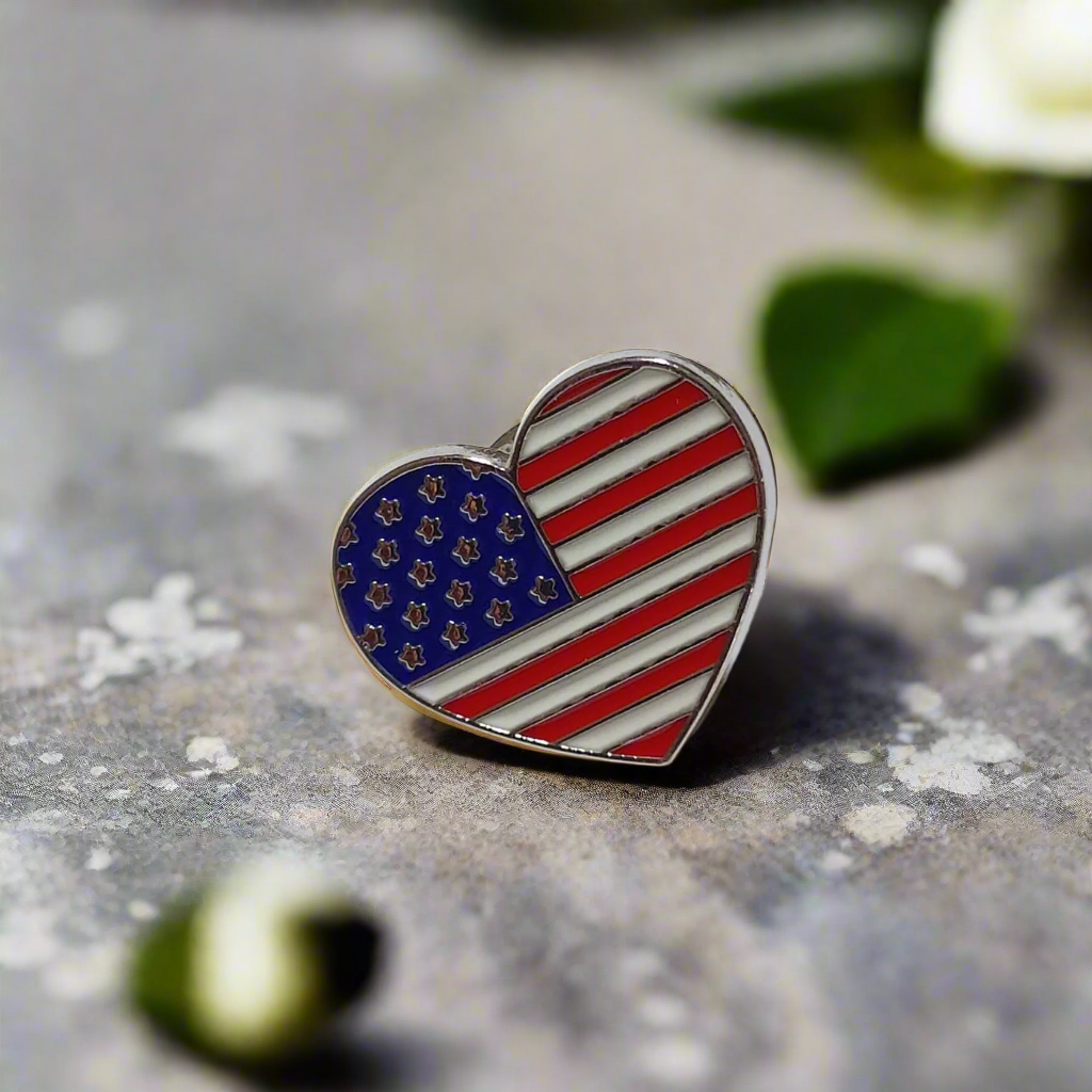 Close-up of the red, white, and blue colors of the patriotic lapel pin