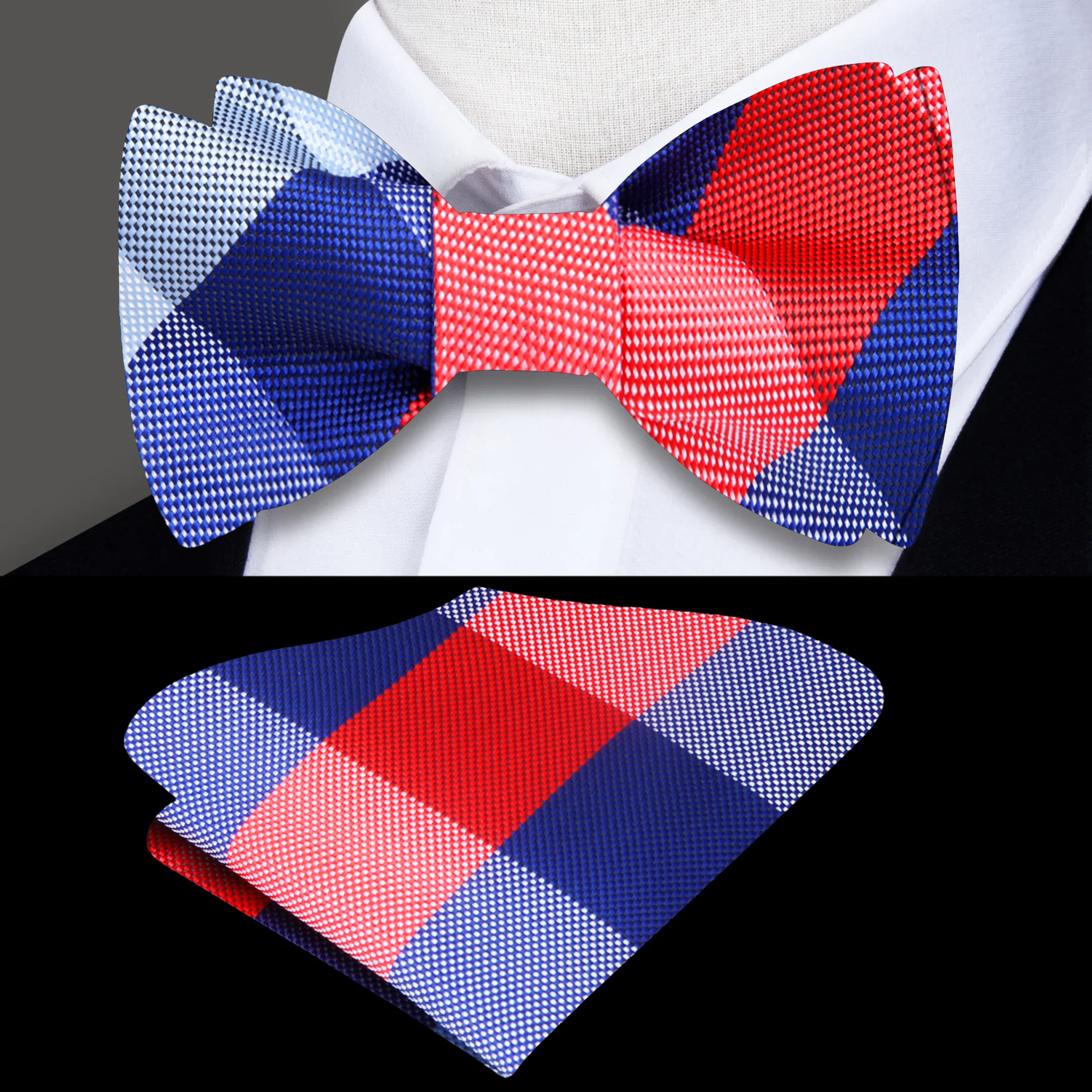 Fashionable man wearing a plaid bow tie with a shirt and blazer, ideal for evening outings