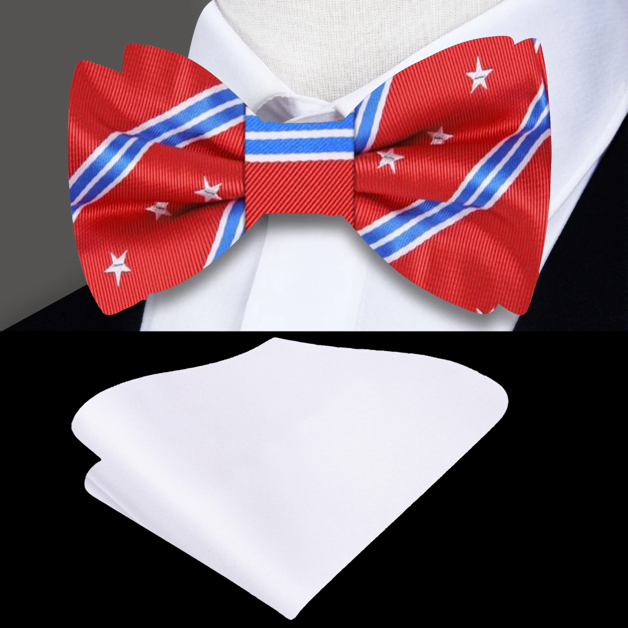 Close-up of a patriotic silk bow tie with stars and stripes pattern