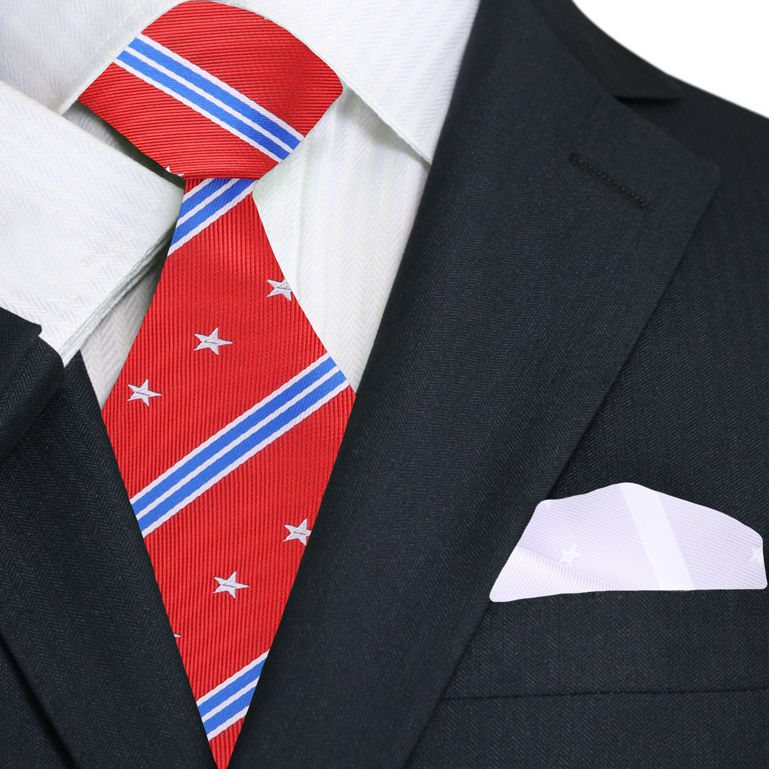 Close-up of the patriotic tie featuring detailed stars and stripes, emphasizing the quality of the silk fabric.