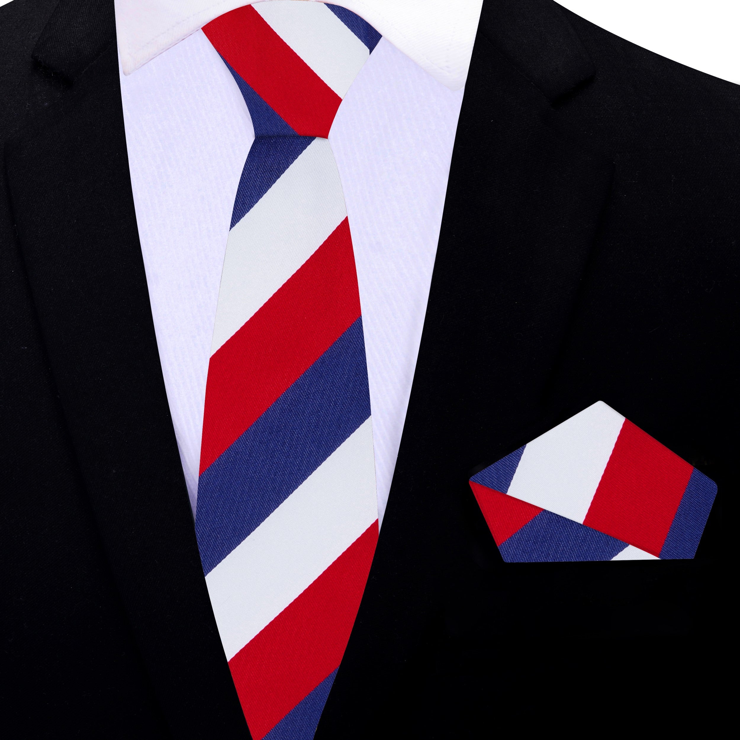 Close-up of the vibrant red, white, and blue stripe pattern on a silk necktie