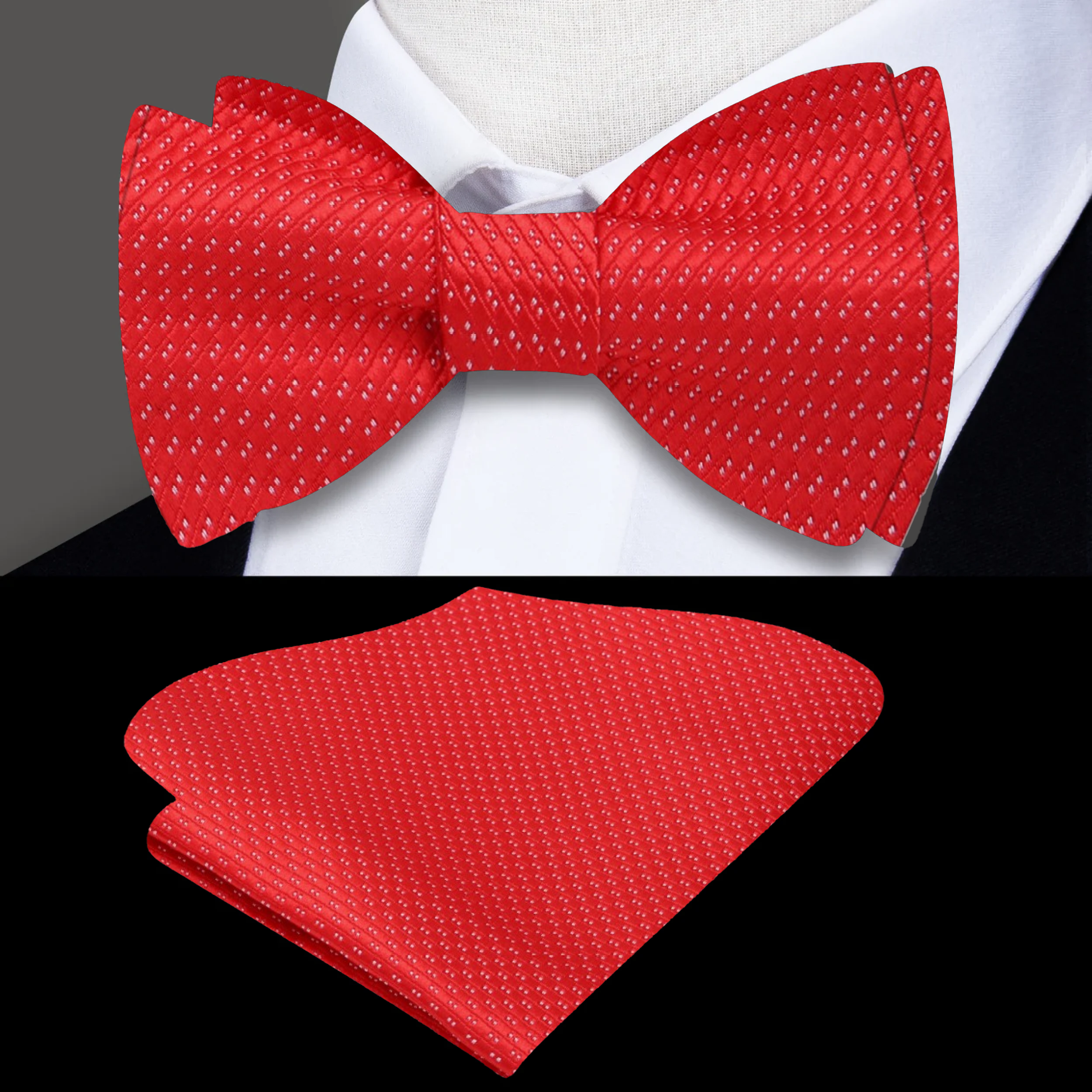 Close-up of a silk bow tie featuring a red base and charming dot pattern, suitable for patriotic celebrations.