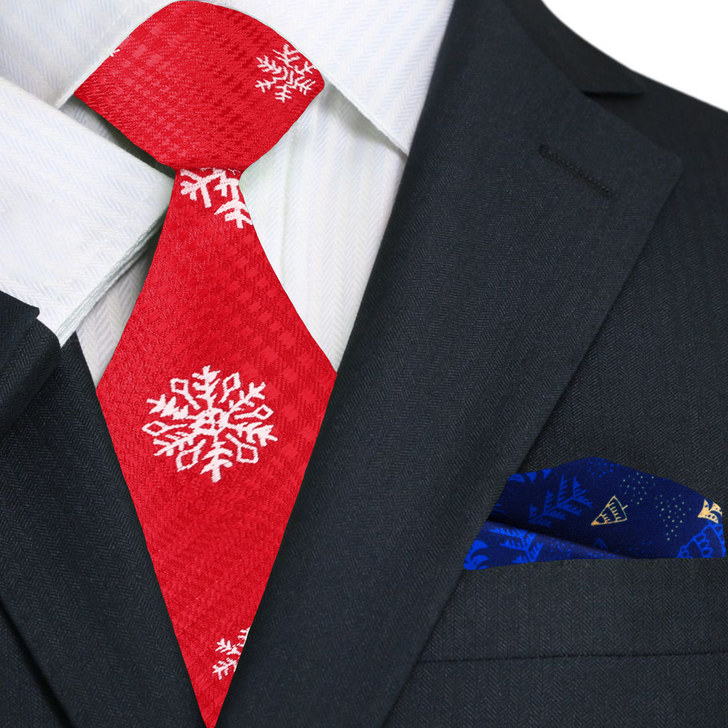 Close-up of the red snowflake pattern on a necktie, highlighting its festive design.