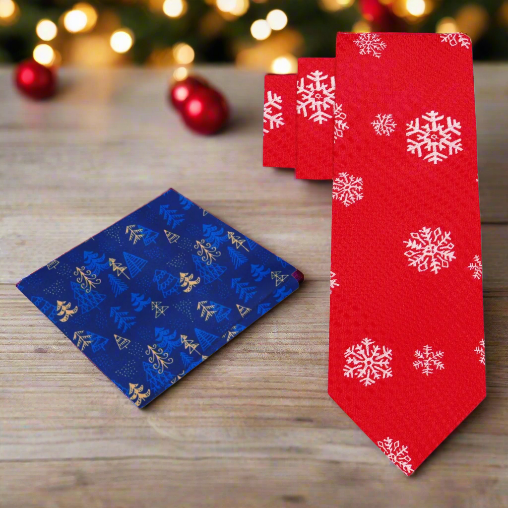 Front view of the festive red snowflake necktie, perfect for holiday parties.