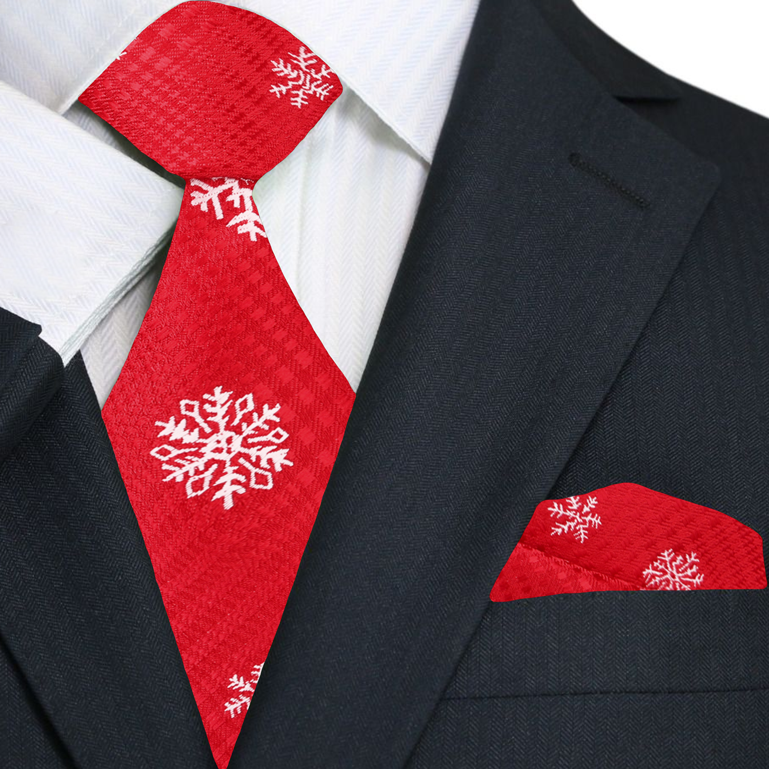 Close-up of the red snowflake pattern on a necktie, highlighting its festive design.