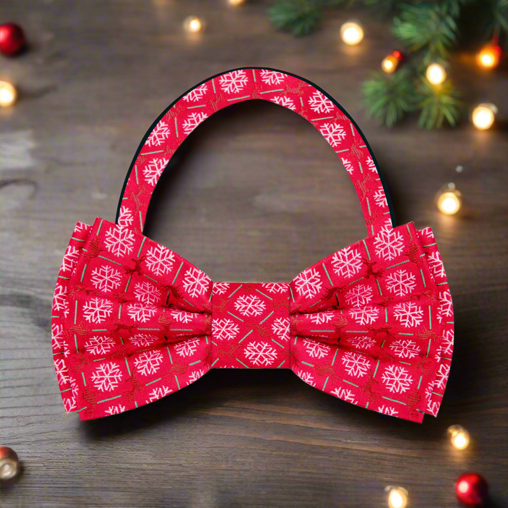 Elegant holiday bow tie paired with a navy suit for Christmas dinner