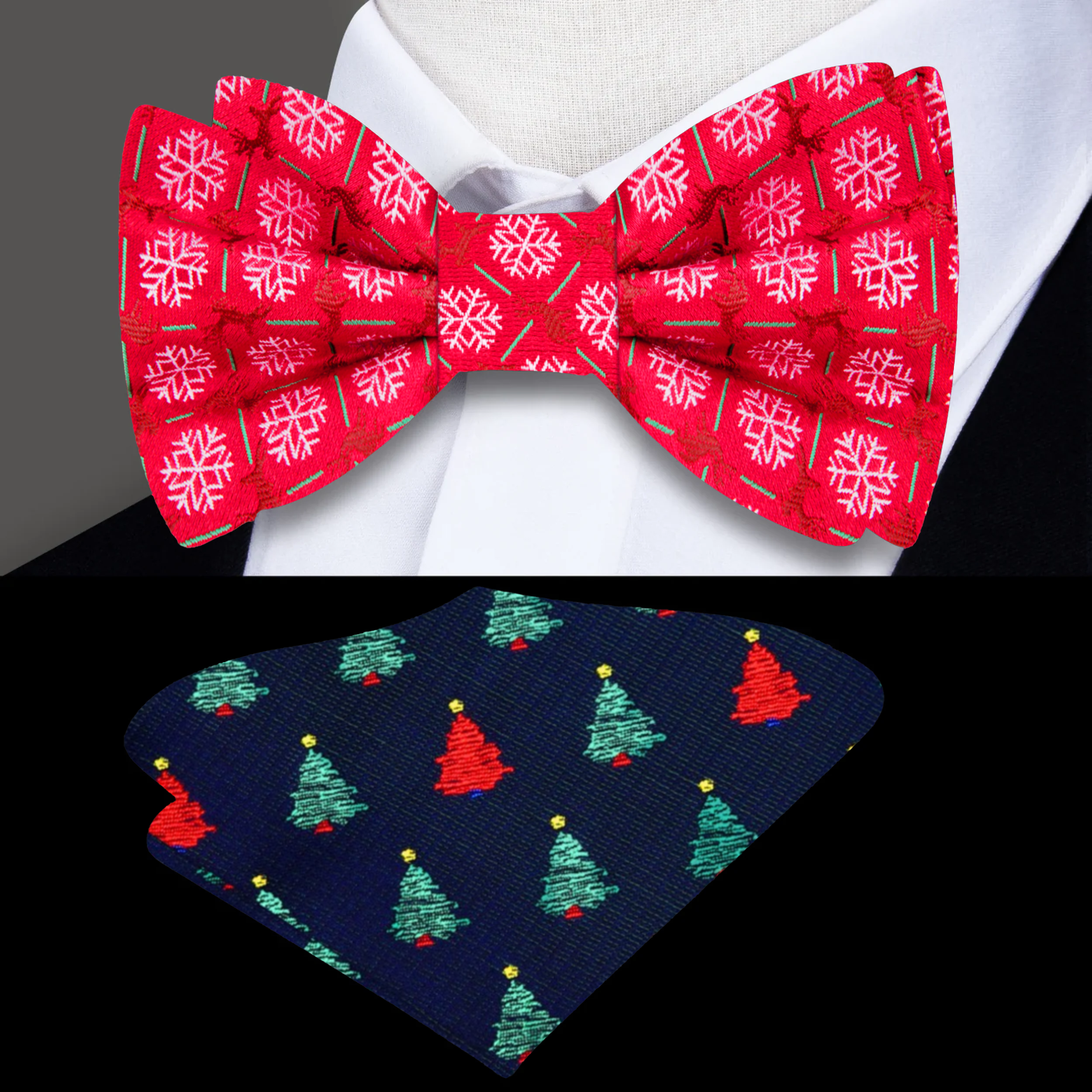 Close-up of a red bow tie with white snowflakes and brown reindeers for holiday celebrations