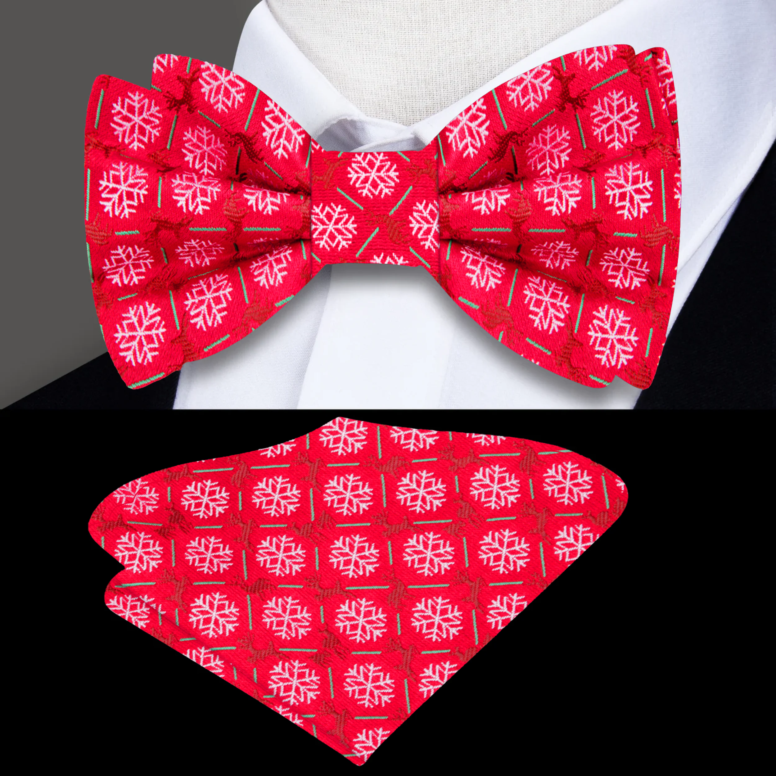 Man wearing a festive bow tie with a green plaid shirt at a holiday party