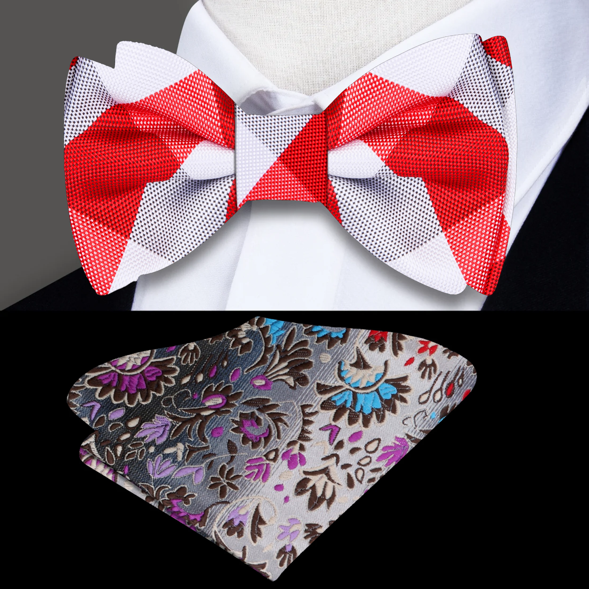 Classic red and white plaid silk bow tie showcased against a white shirt.