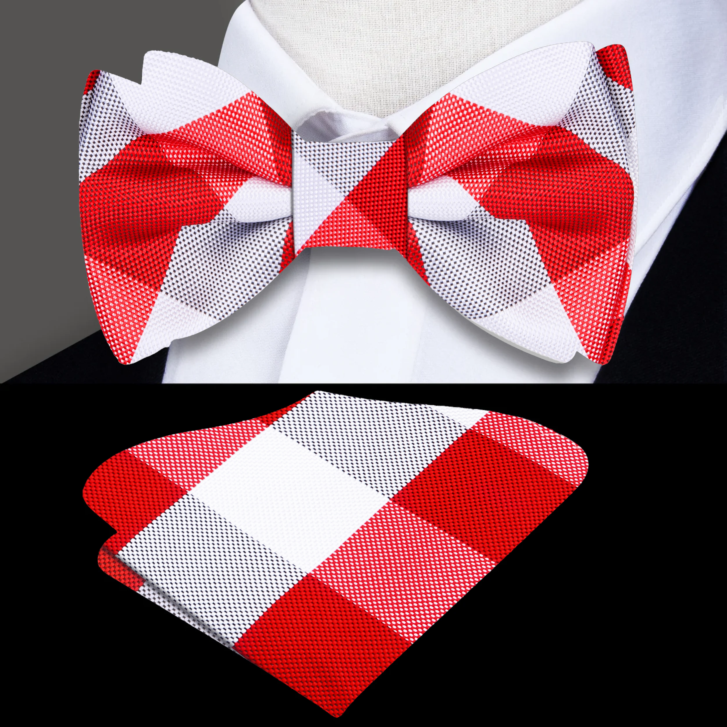 Man adjusting a vibrant plaid self-tie bow tie with a classic suit for a formal event