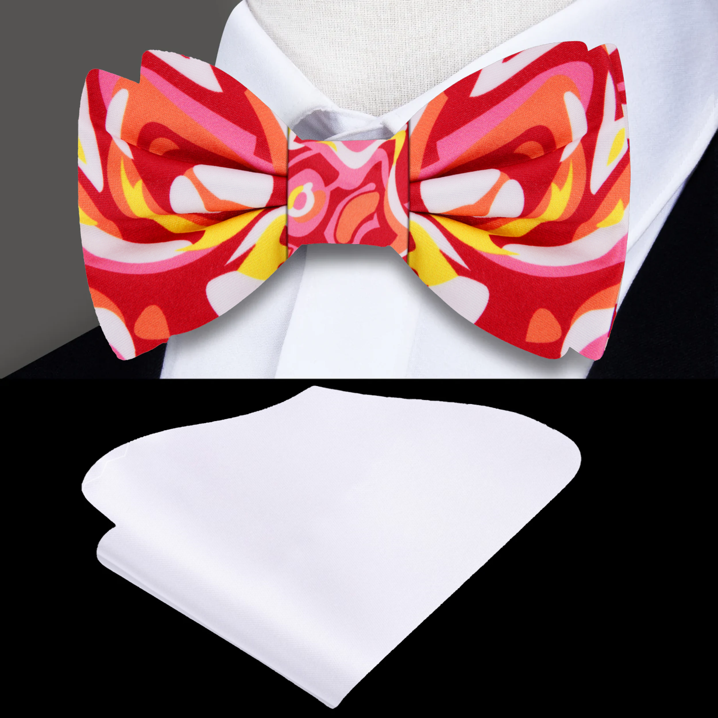 Close-up of vibrant watercolor silk bow tie with abstract design