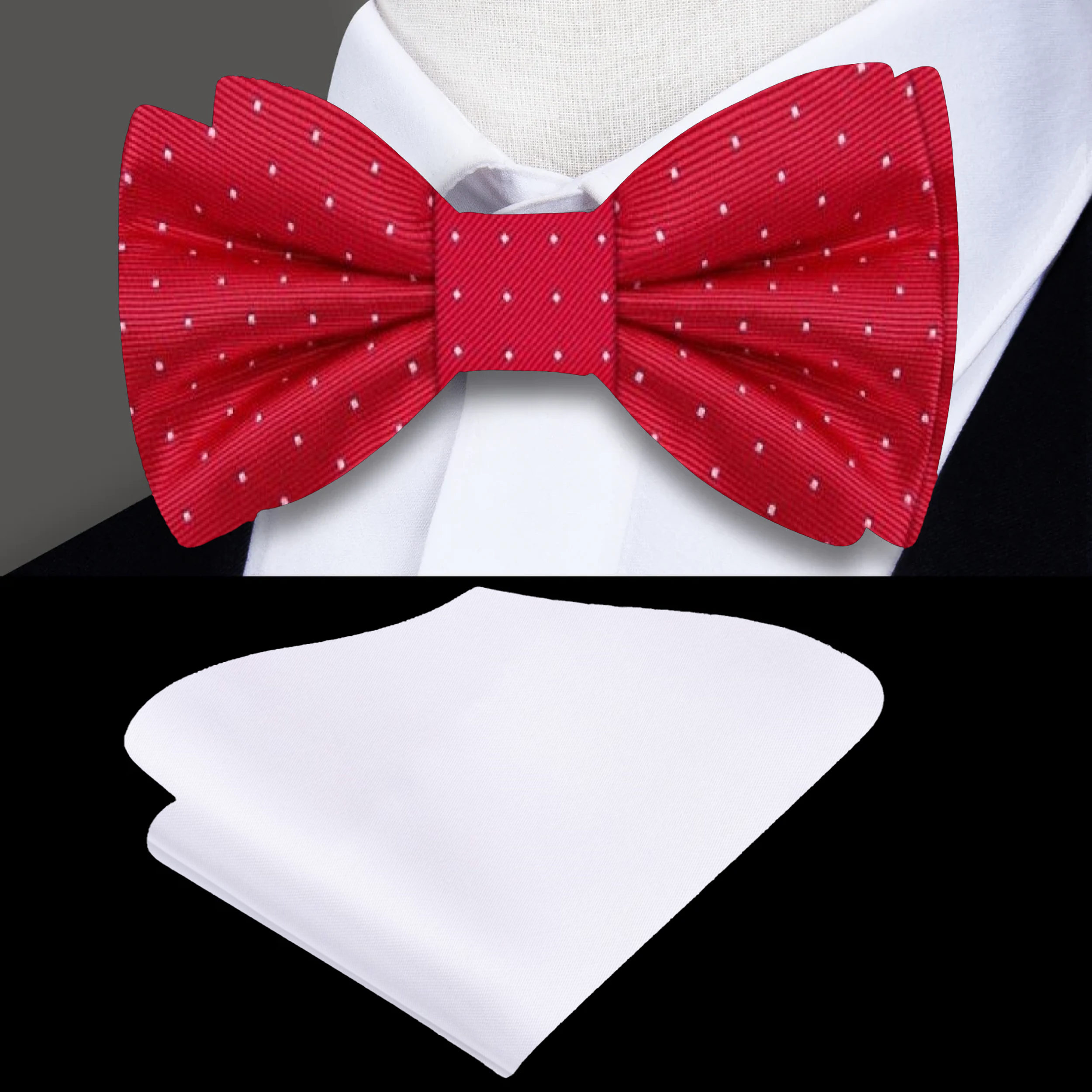 Red polka dot bow tie and pocket square set displayed with a black suit jacket, perfect for weddings