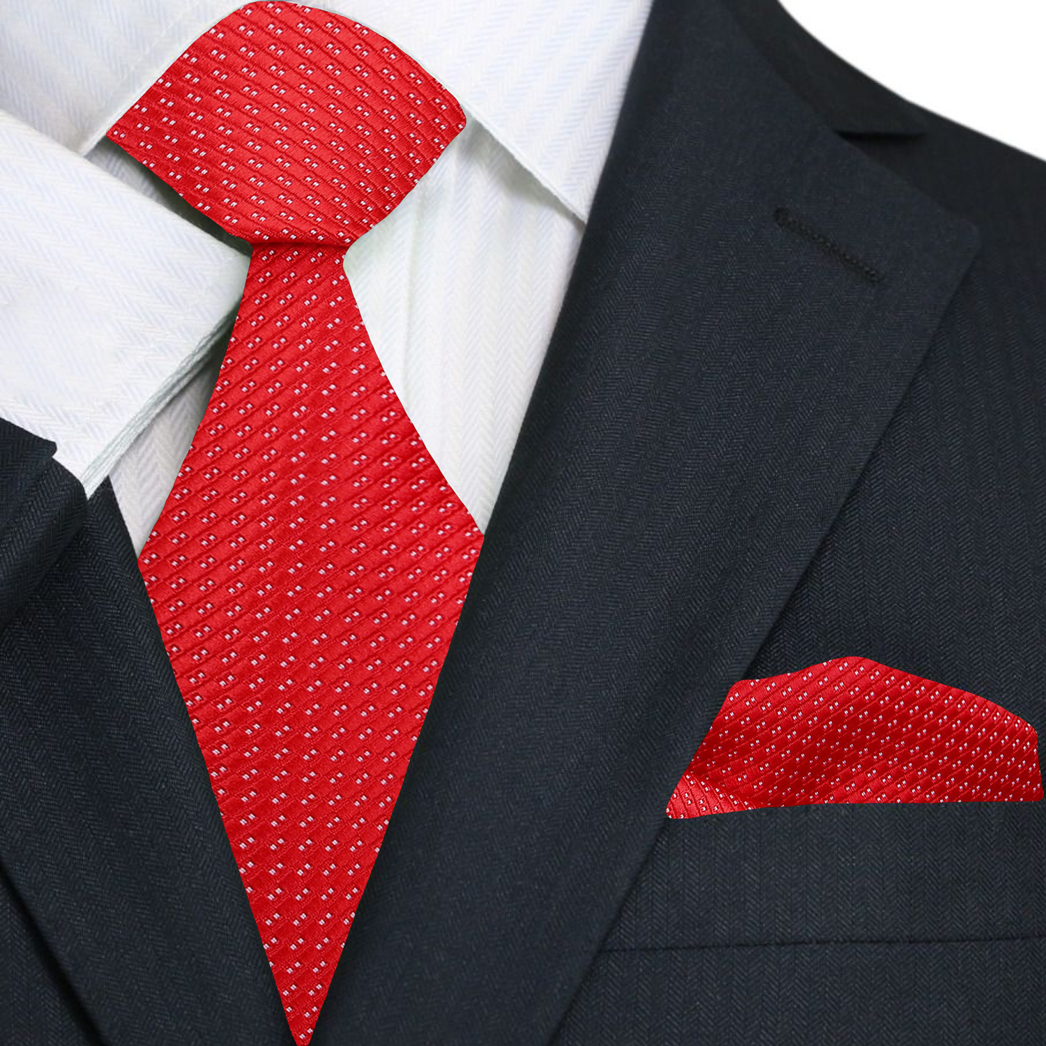 Close-up of Monte Carlo polka dot silk necktie showing small white dots on vibrant red fabric