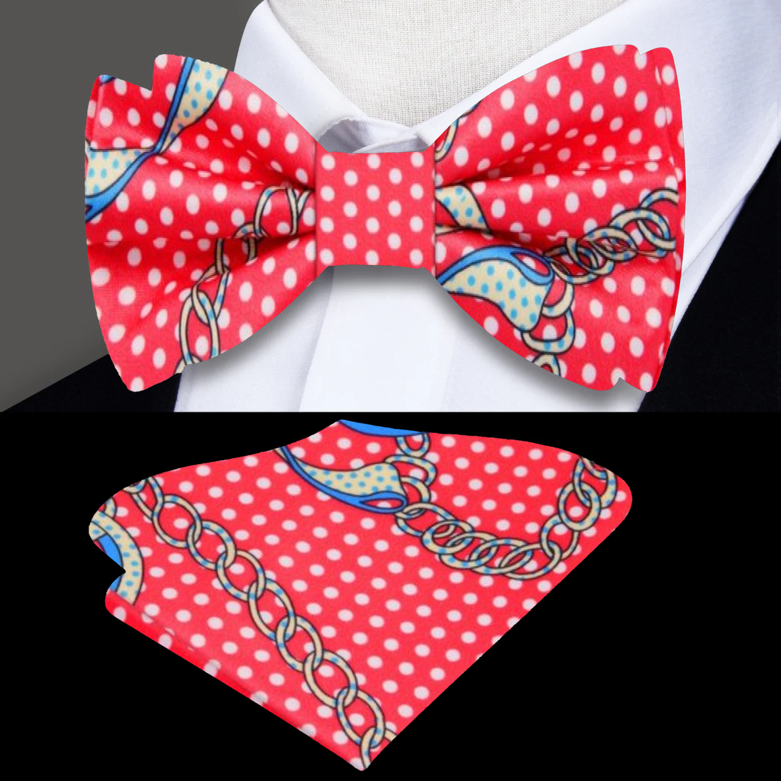 Close-up of a silk bow tie with peace symbols and polka dots for formal wear