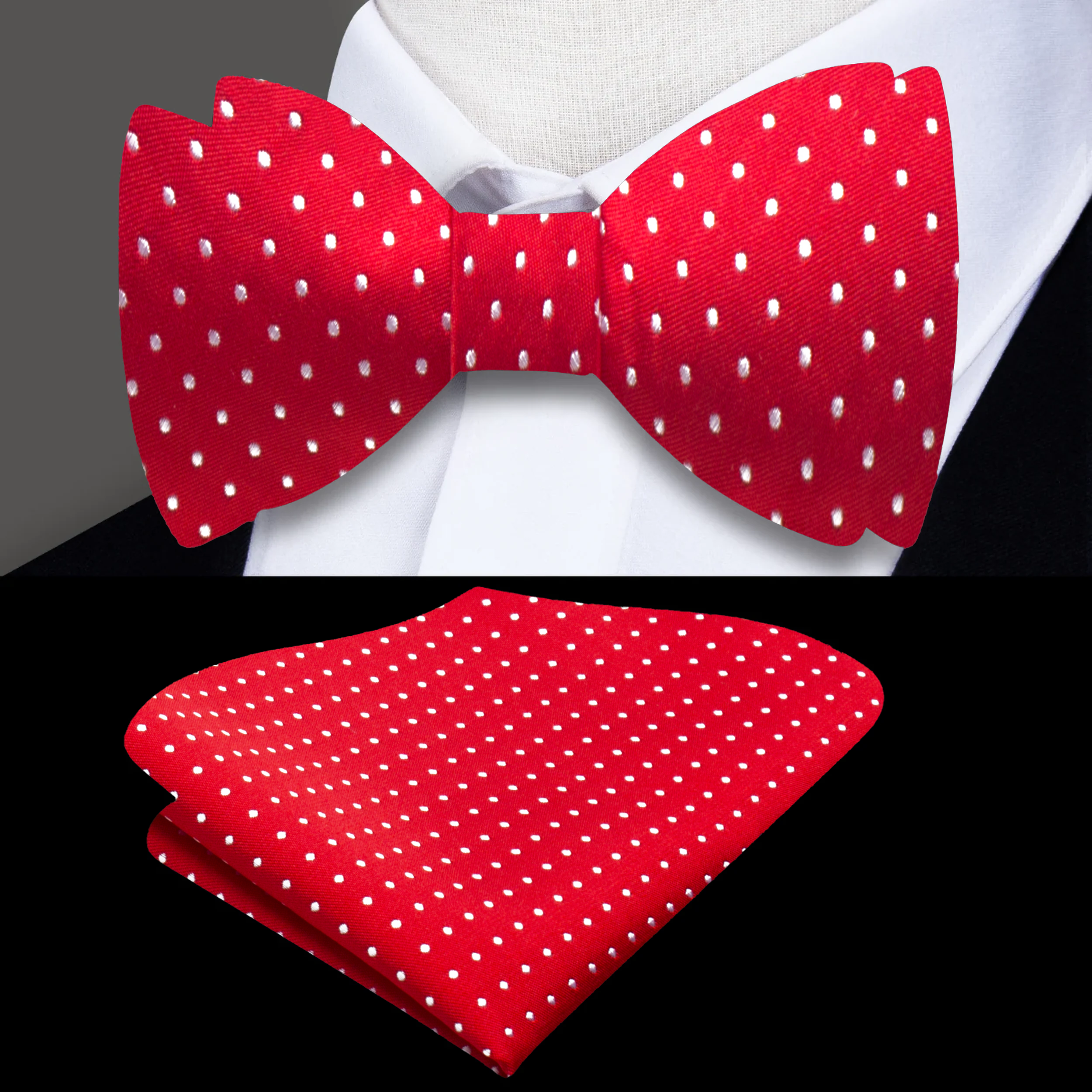 Elegant microdot silk bow tie in dark blue, showcasing its refined texture and playful design.