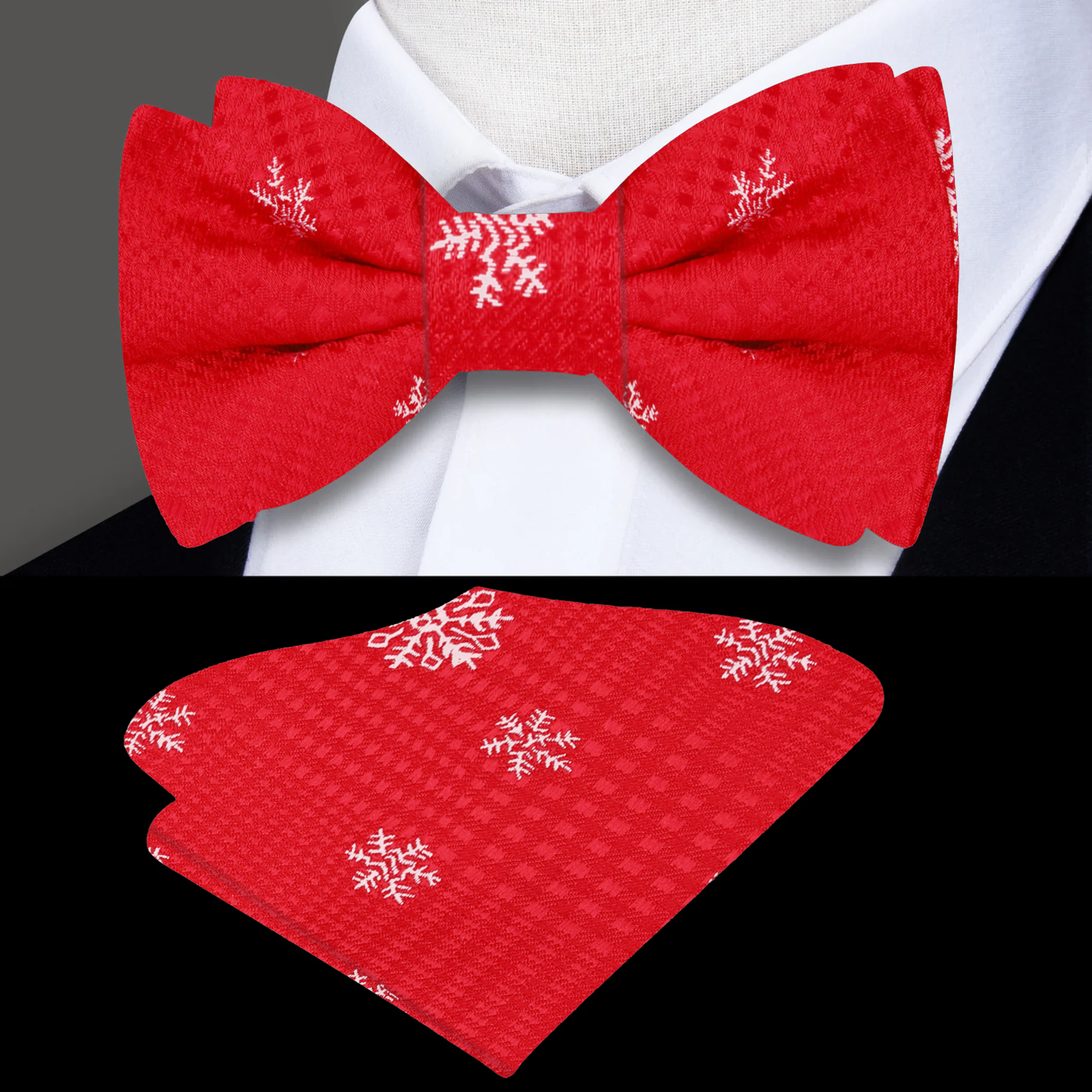 Model wearing a festive silk bow tie with snowflake pattern for holiday events