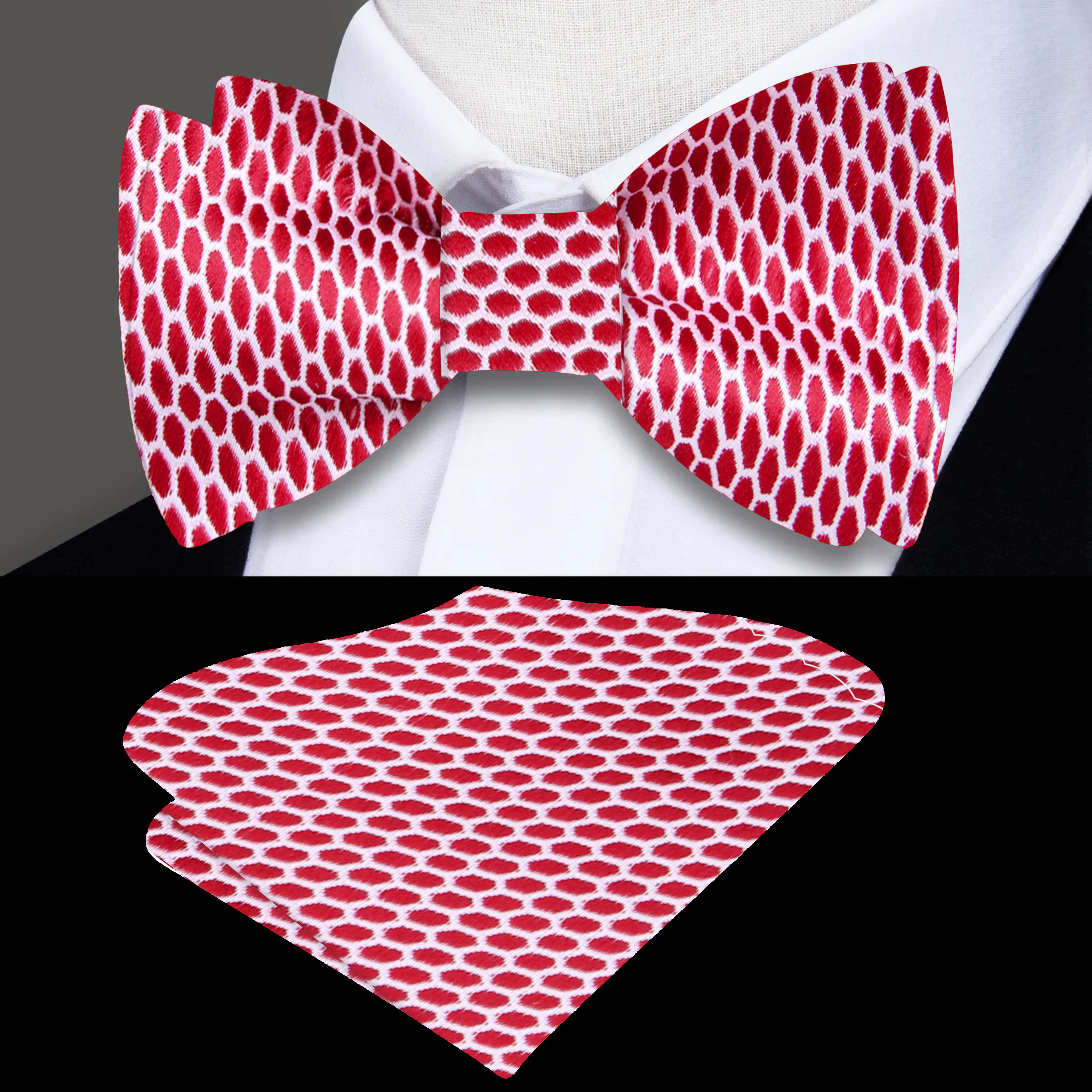 Front view of a geometric pattern silk self-tie bow tie in grape purple