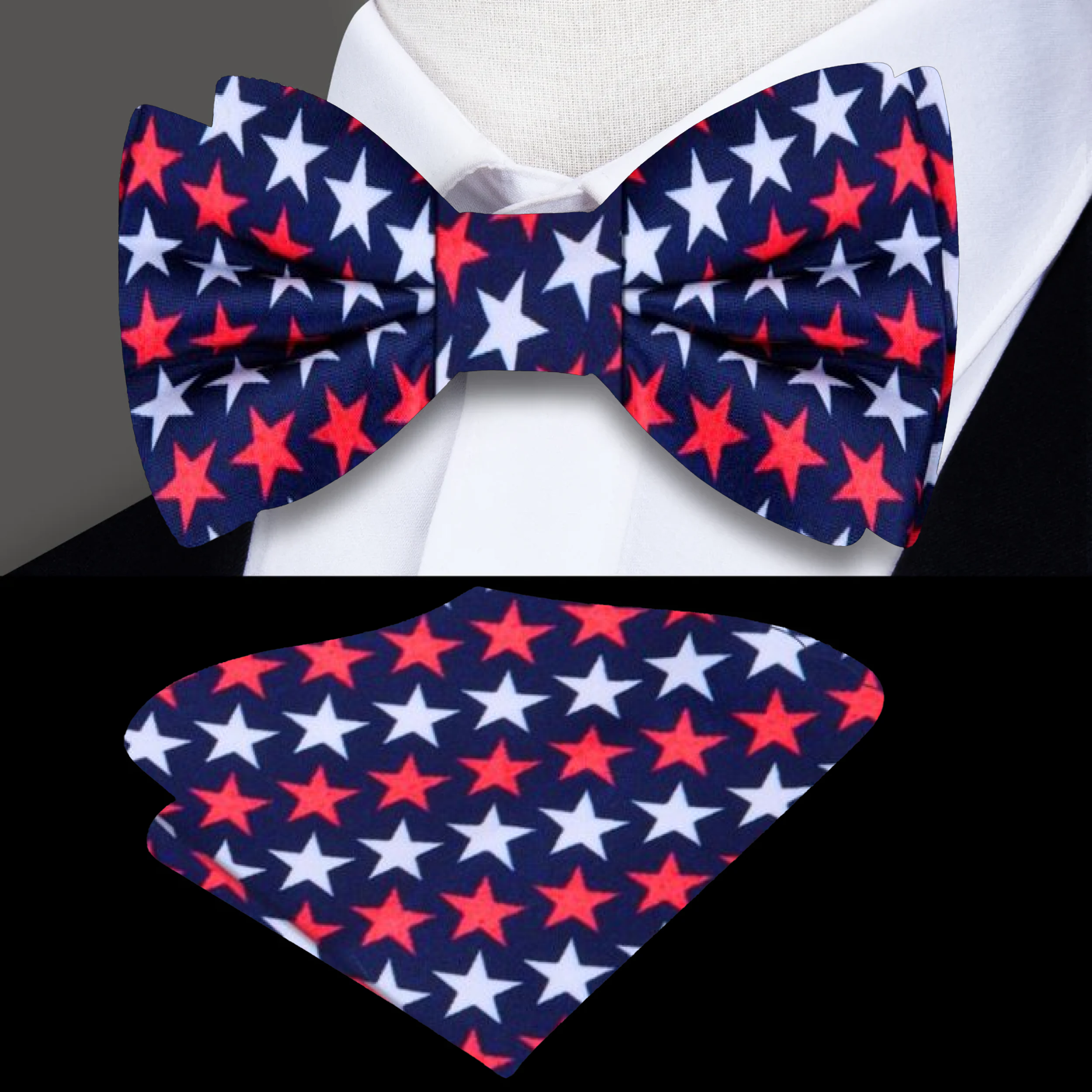 Man wearing red, white, and blue bow tie at Independence Day celebration