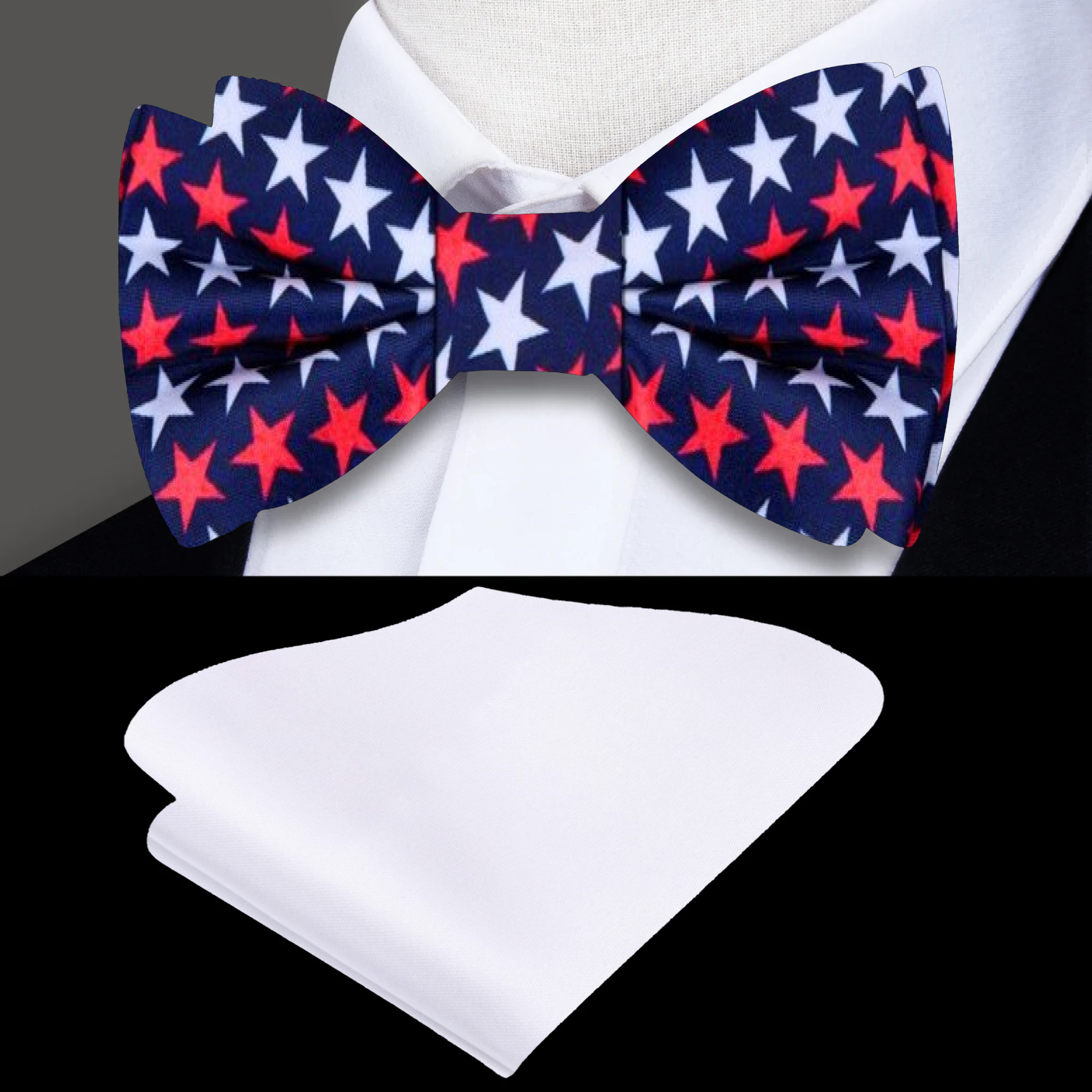 Close-up of American flag bow tie with stars and stripes for patriotic style