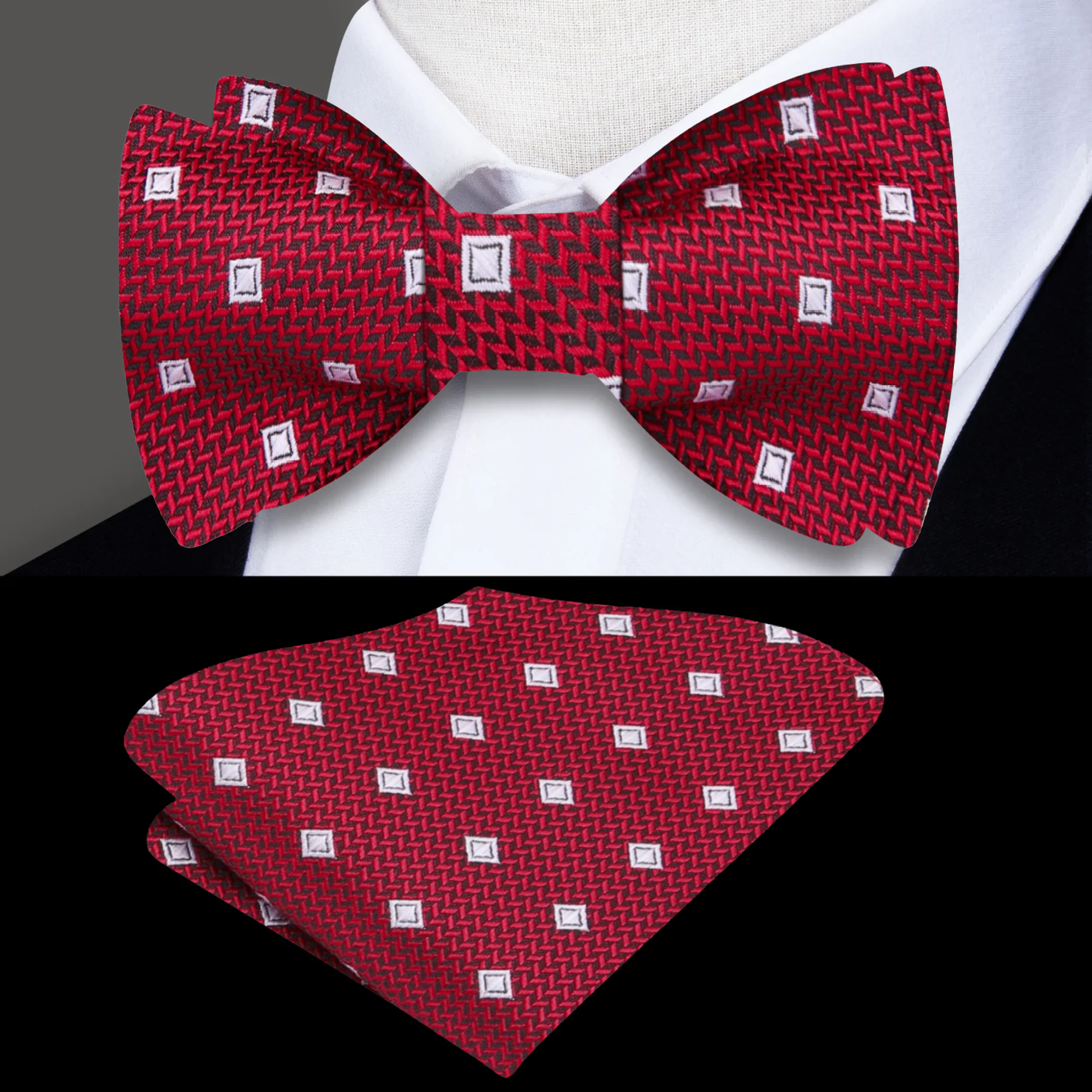 The Red Silk Bow Tie elegantly displayed against a crisp white dress shirt.