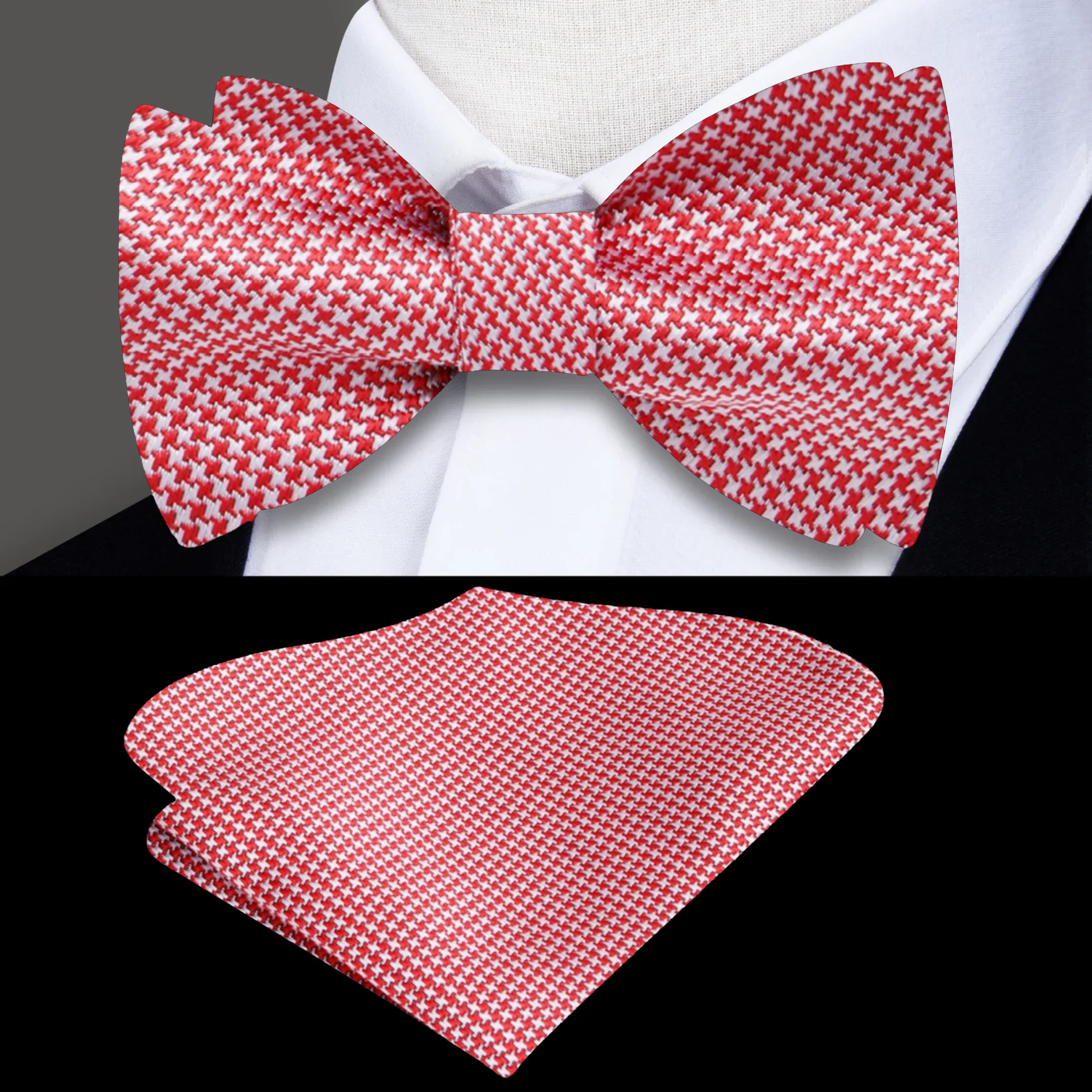 A model wearing a stylish self-tie houndstooth bow tie paired with a navy suit.