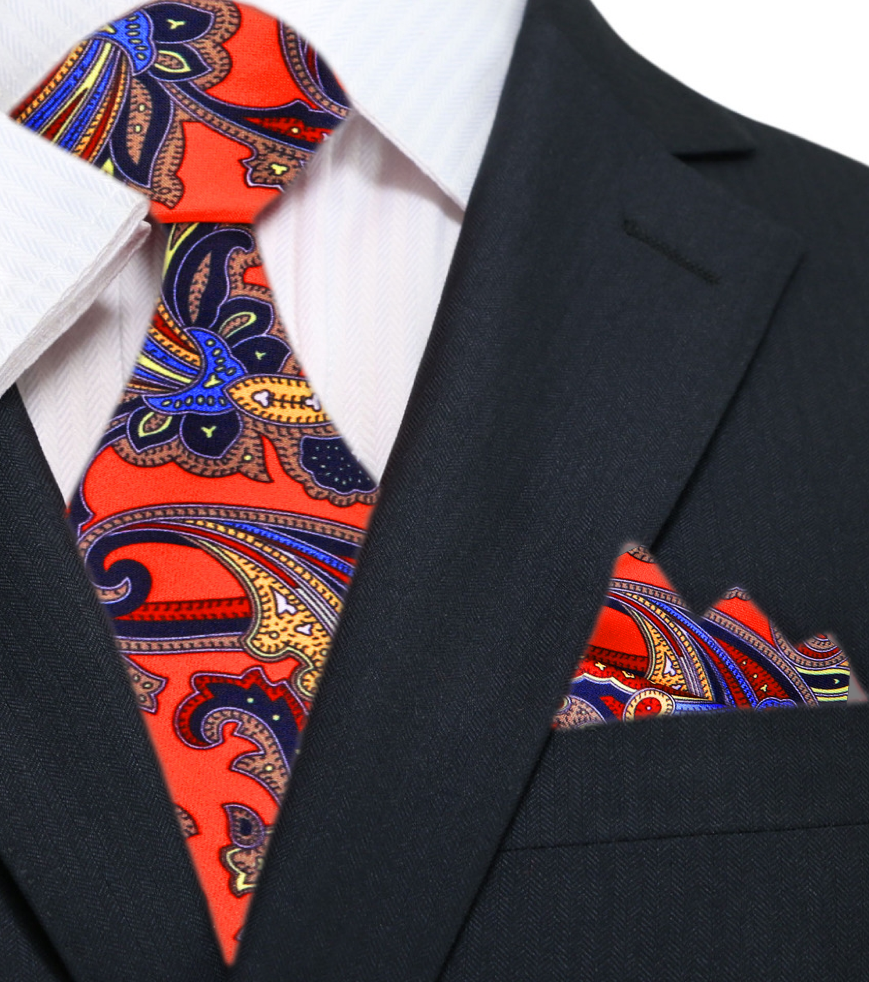Close-up of the Monarch paisley silk tie showing its vibrant red, blue, and yellow pattern