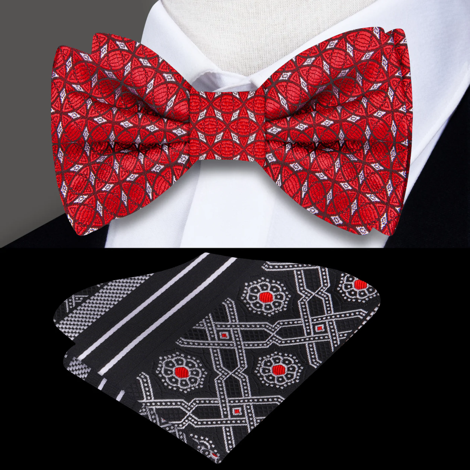 Close-up of the crimson and slate geometric bow tie showcasing its intricate pattern.