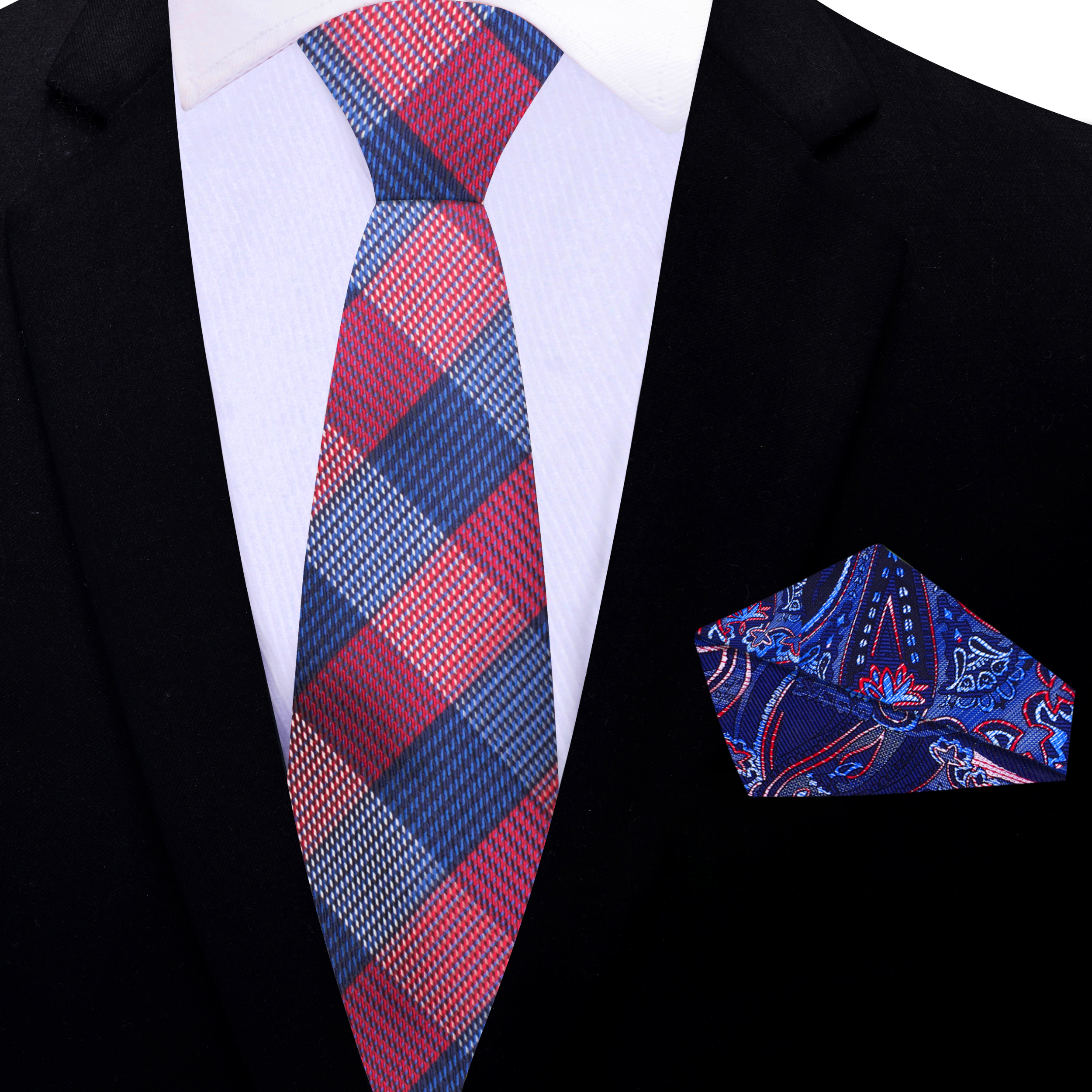 Close-up of mens tie with crimson and navy plaid design on white background