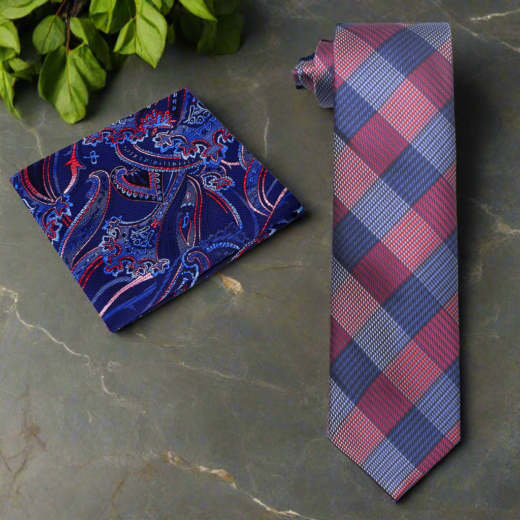 Heritage plaid necktie styled with charcoal grey suit, perfect for formal events