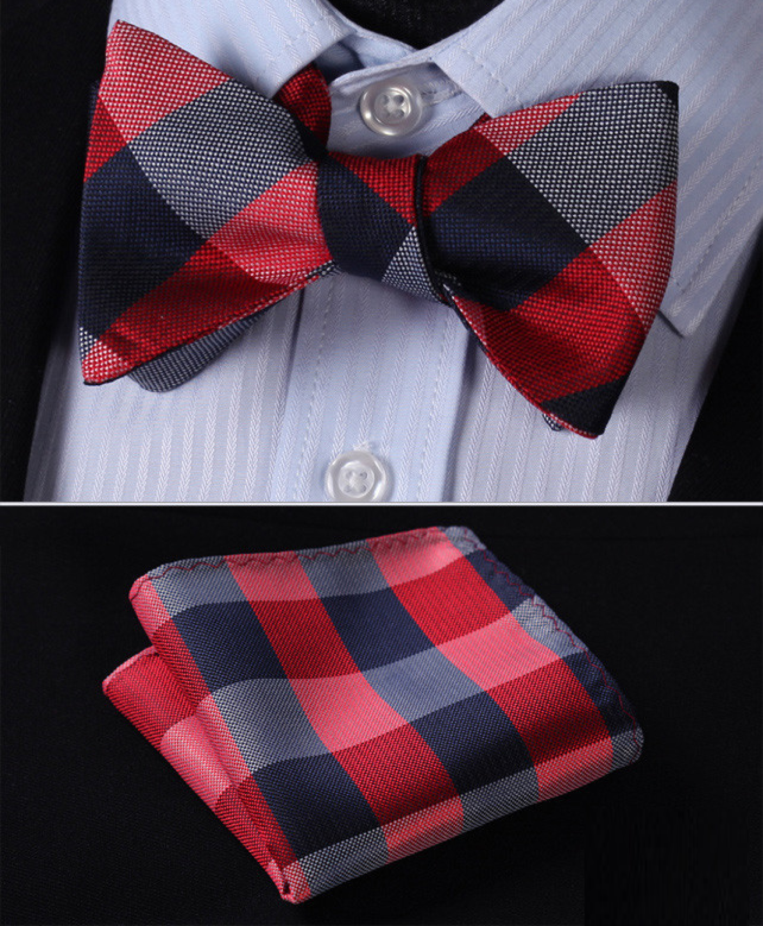 Close-up of a stylish mens plaid bow tie with a self-tie knot, perfect for weddings