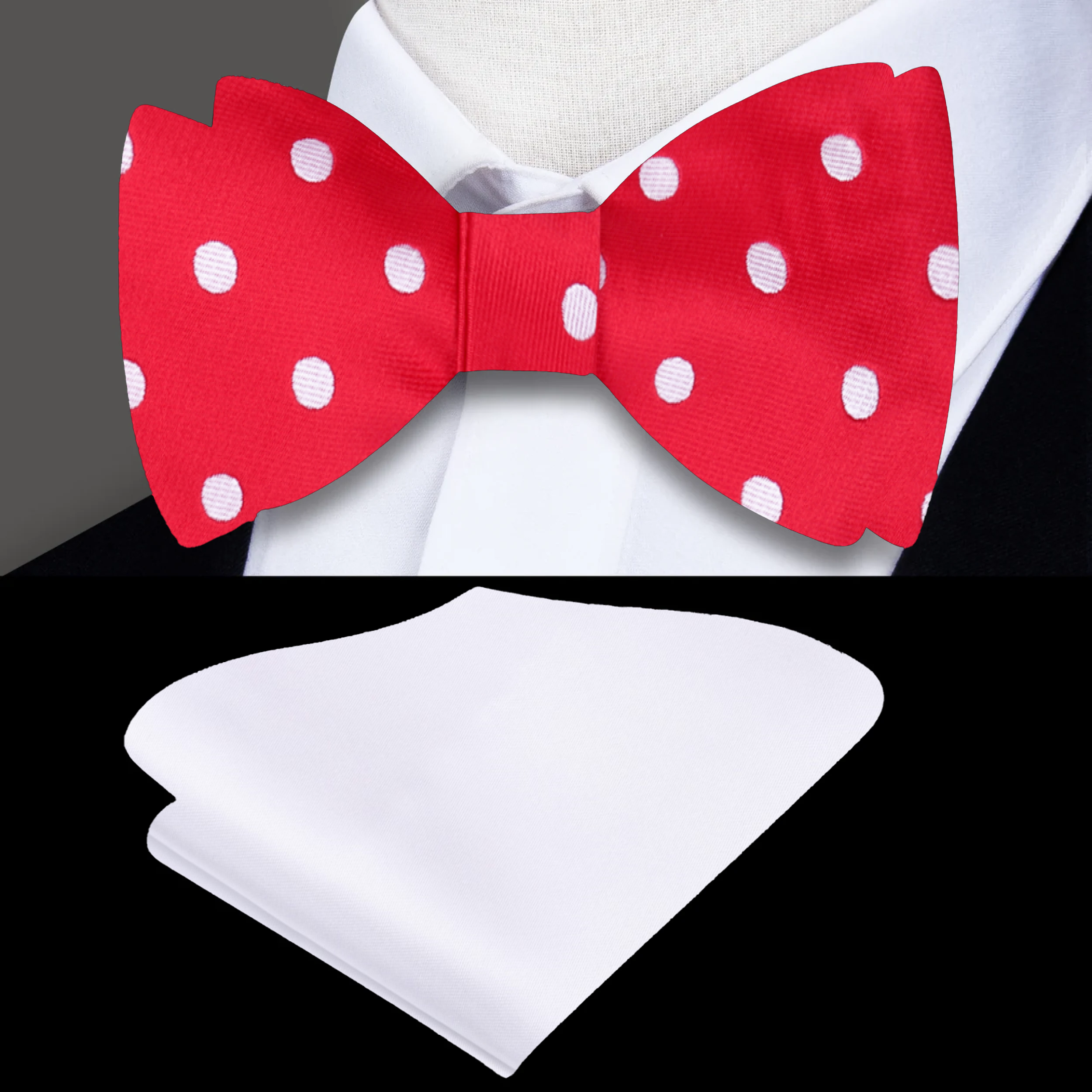 Front view of a red polka dot self-tie bow tie on a mannequin, ideal for cocktail attire
