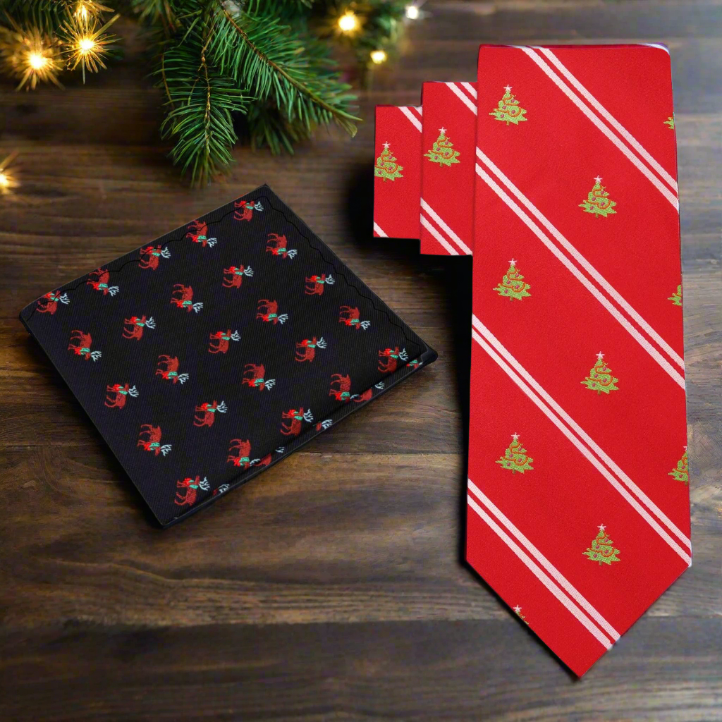 Model wearing the festive necktie with a charcoal grey suit, ideal for holiday work parties.