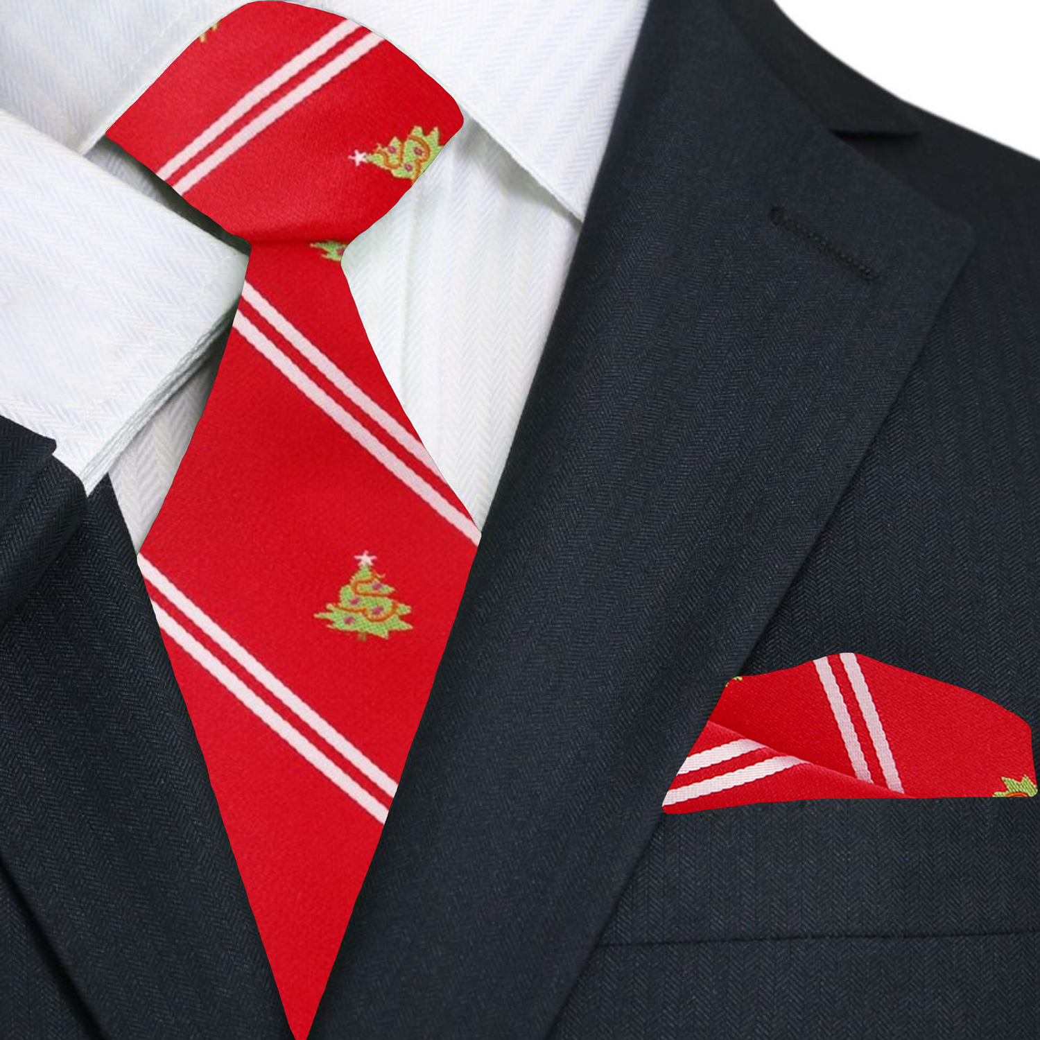 Close-up view of the festive Christmas tree necktie showcasing its vibrant red and green colors.