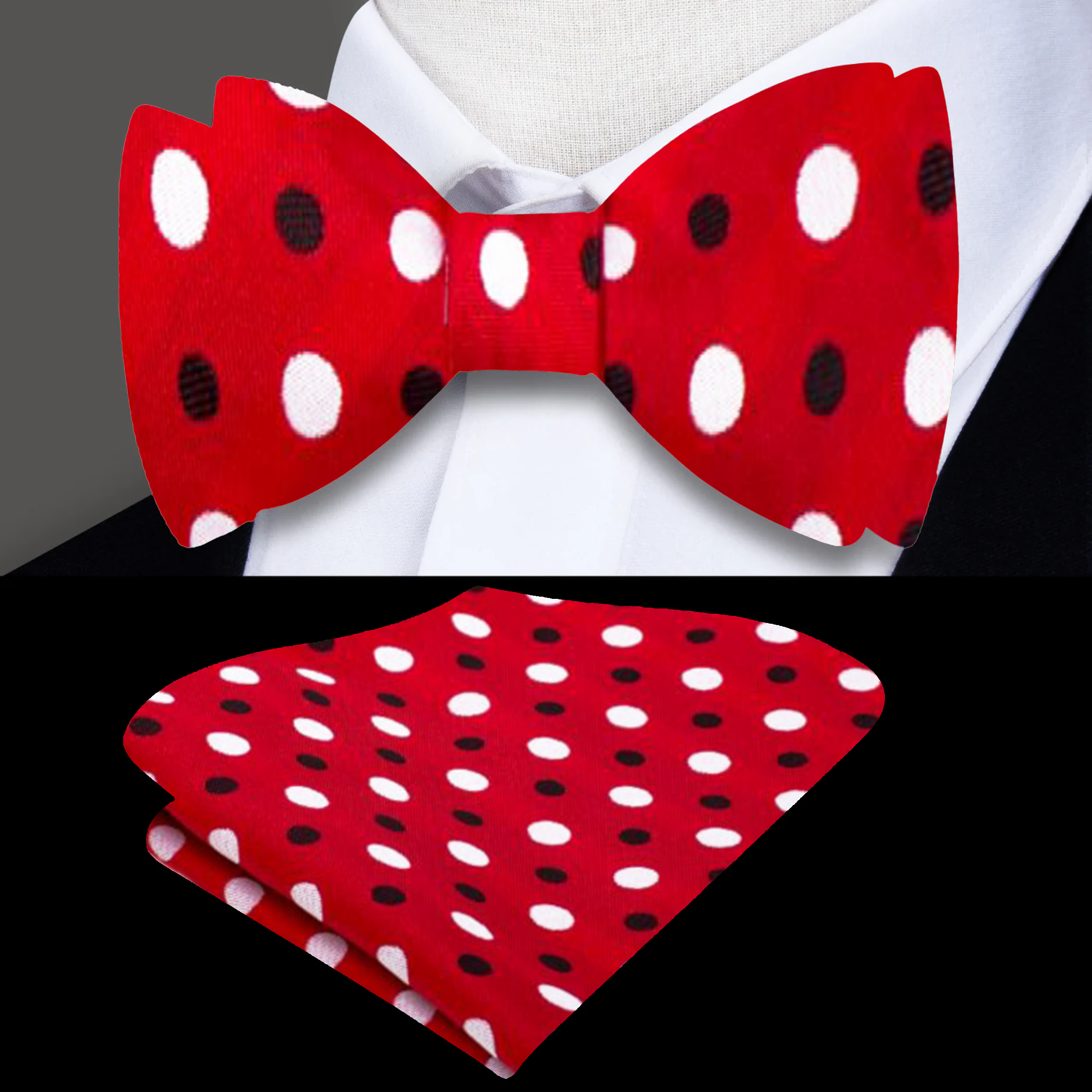 Close-up of Tarnwell luxury silk polka dot self-tie bow tie showcasing its fine texture.