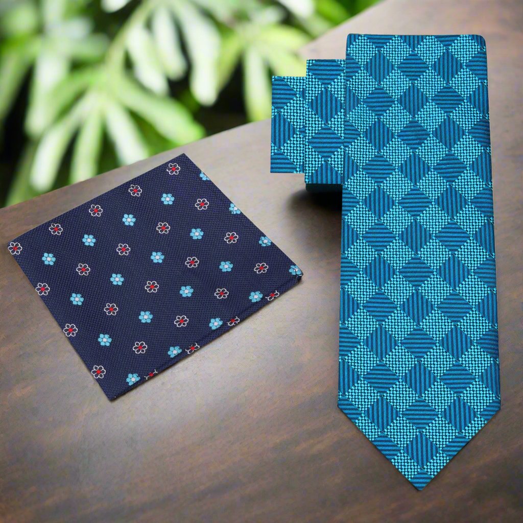 Close-up of blue diamond patterned necktie showcasing geometric design